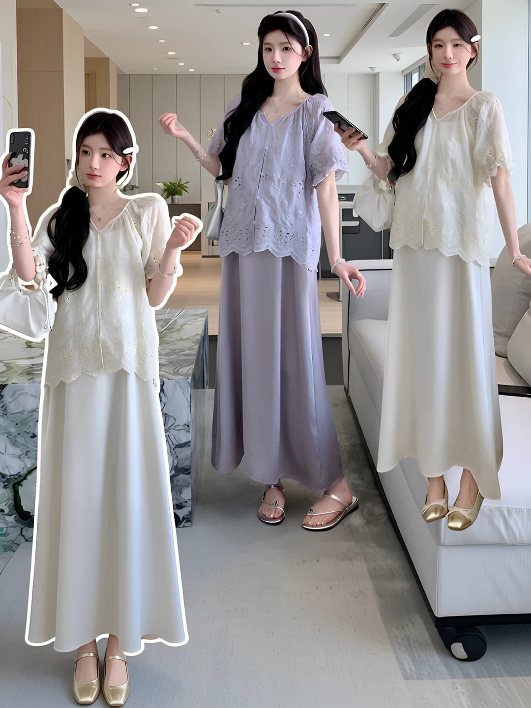 Women's 2026 summer Korean style loose fit set, embroidered, lace, short sleeve, long skirt