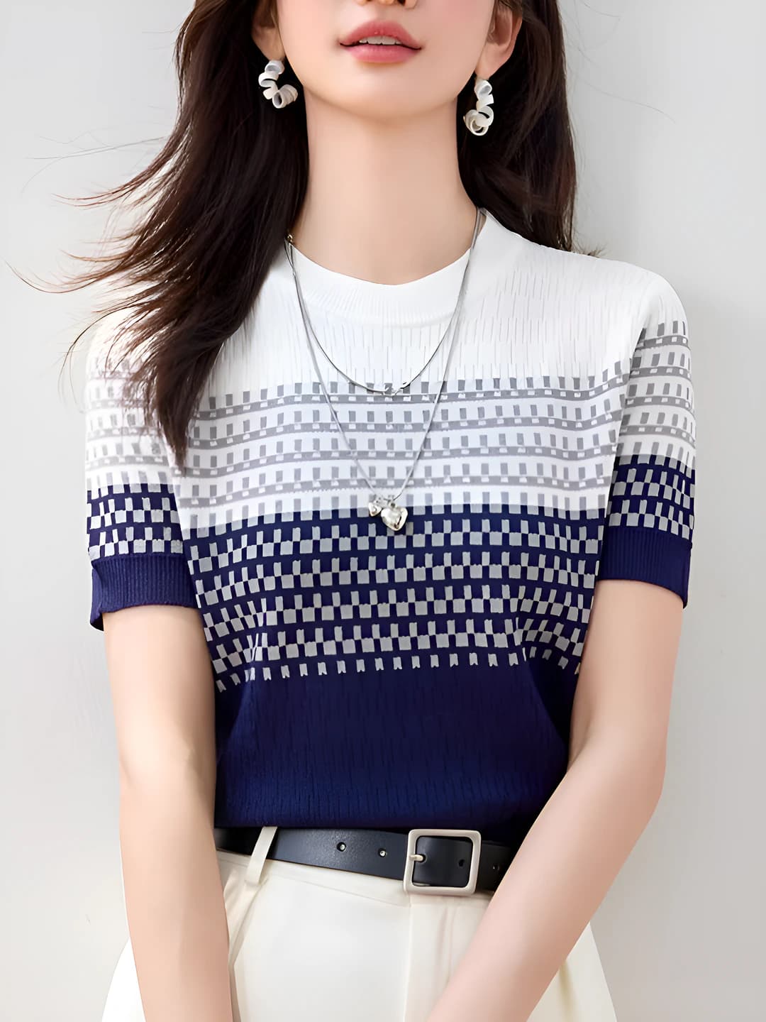 Women's ice-silk fabric thin knit top, short sleeve, striped, slim fit, slimming, crew neck, 2026
