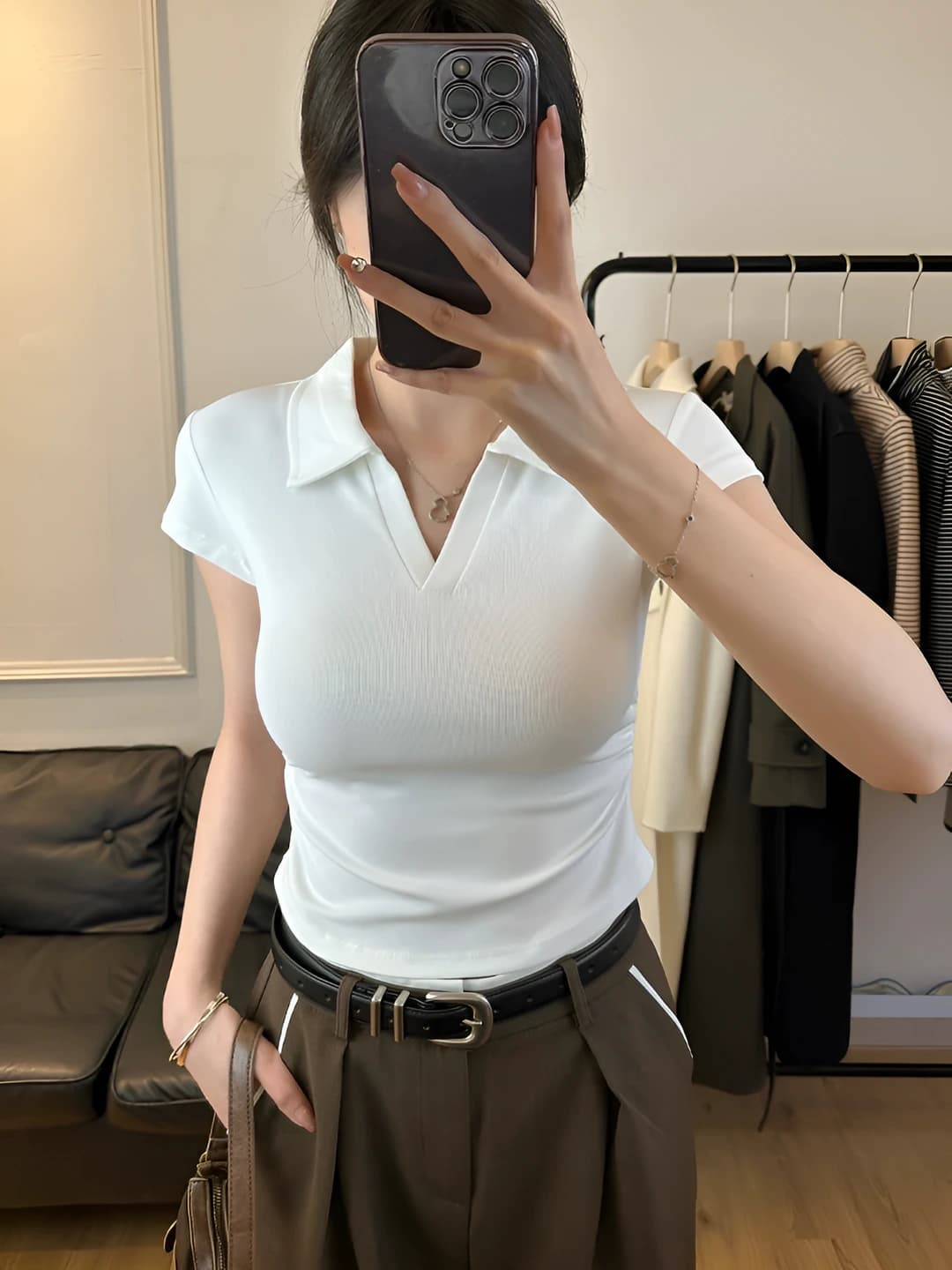 Women's Polo shirt: summer, short sleeve, solid colour, slim fit, cropped, Korean style, casual
