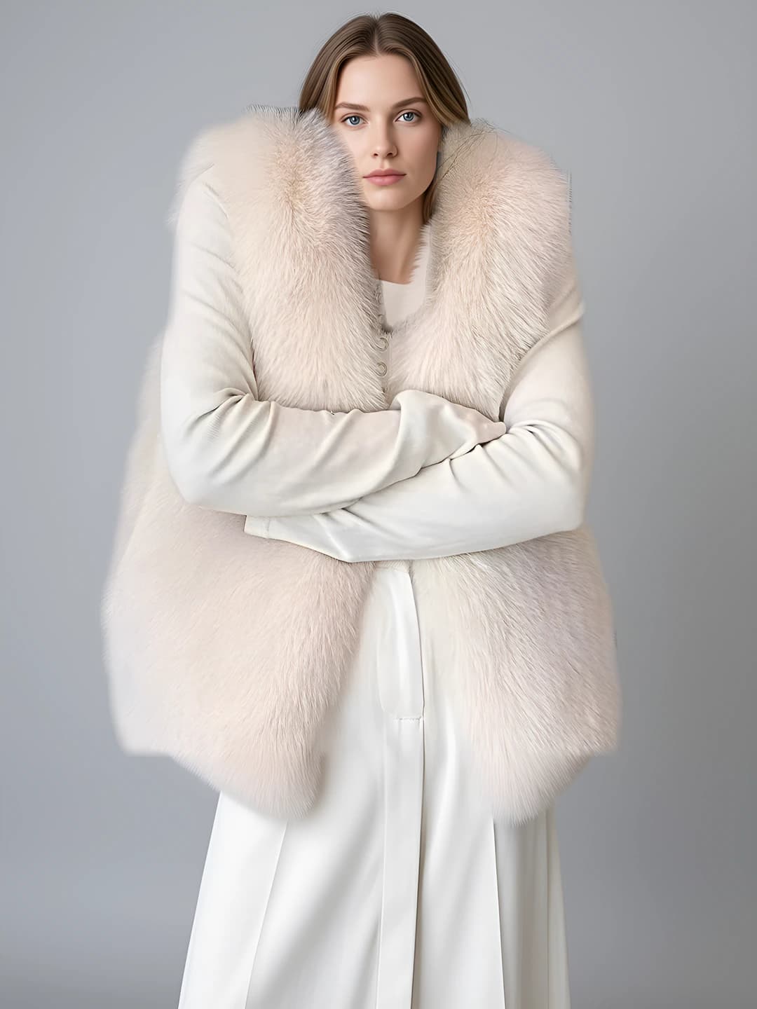 Women's faux fur vest, autumn-winter, sleeveless, cropped, slimming, loose fit, V-neck, 3D pattern
