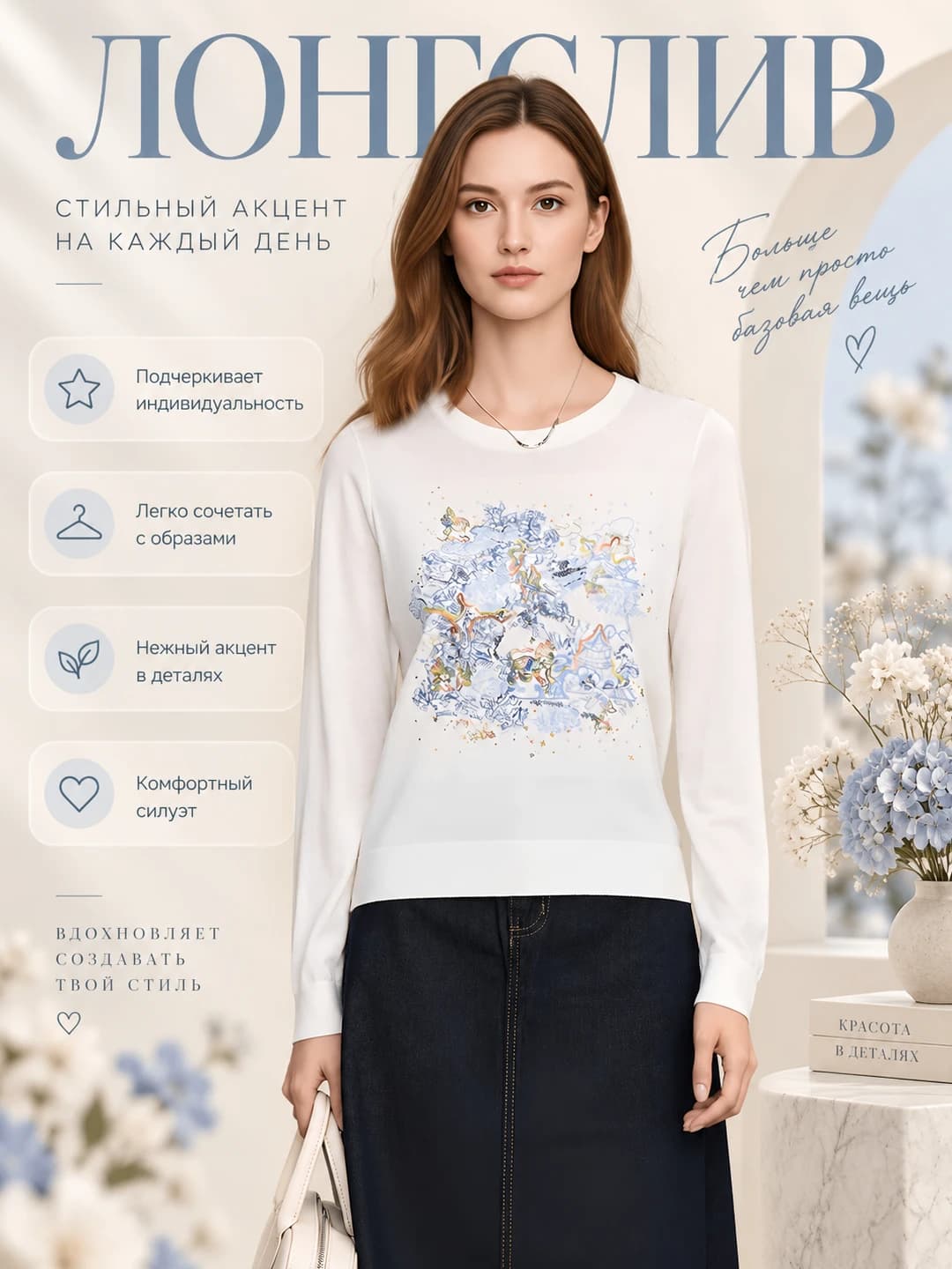 Женский вязаный джемпер с круглым вырезом, с вышивкой, длинный рукав, средняя толщина, шерсть 30%