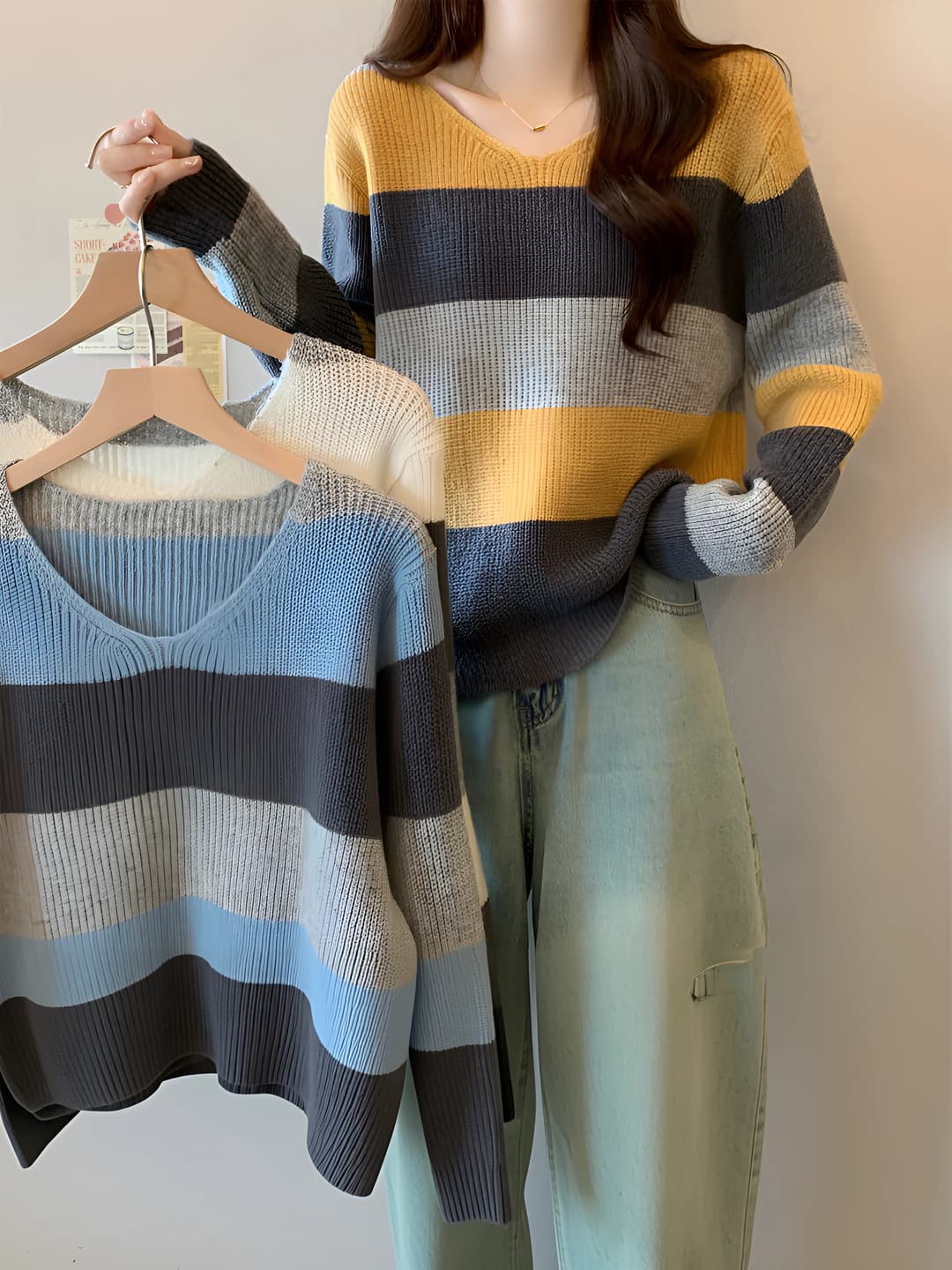 Women's long sleeve V-neck striped knit pullover sweater, autumn-winter
