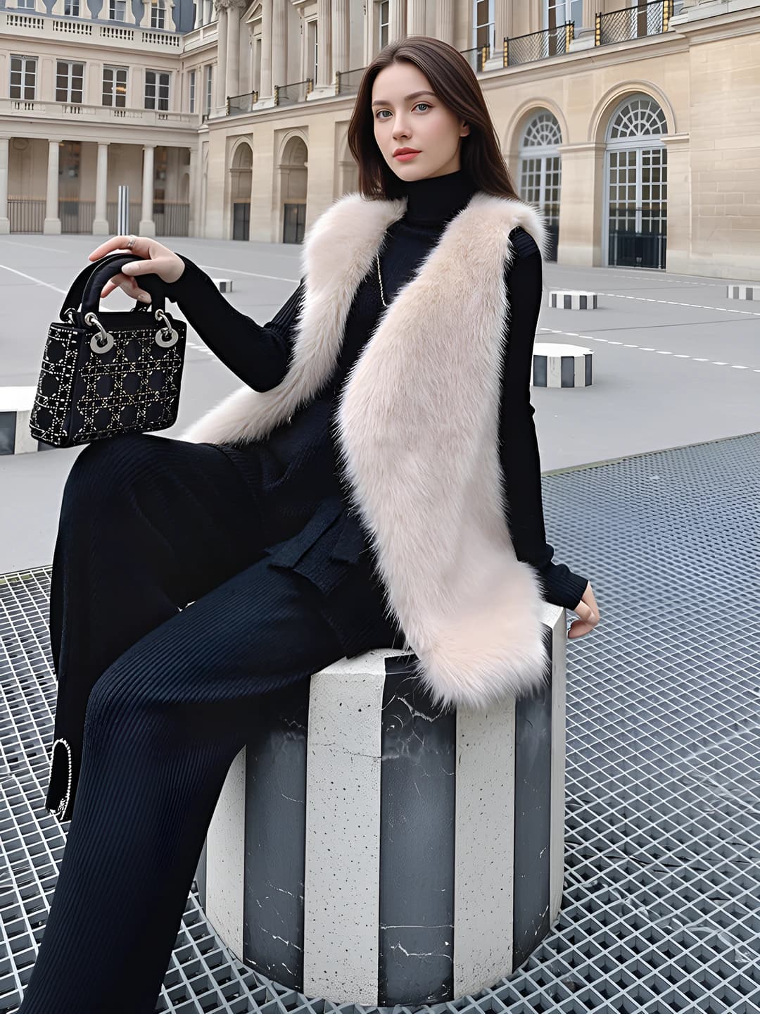 Women's autumn-winter Korean style slim fit slimming mid-length sleeveless V-neck faux fur vest