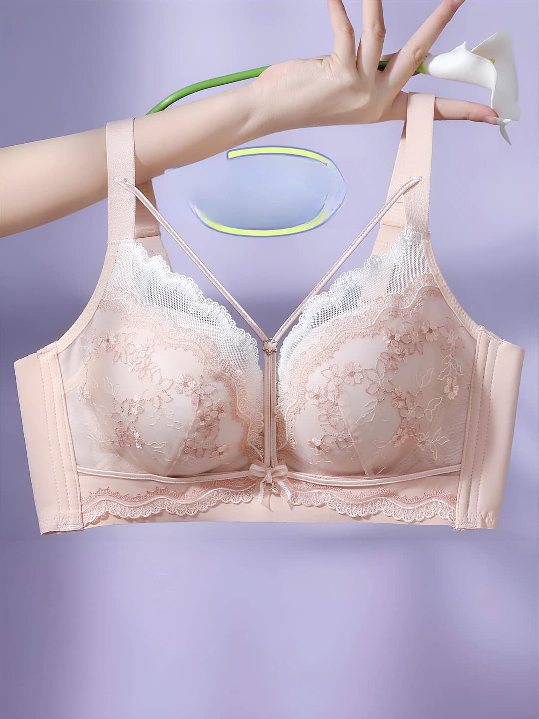 Women's lace bra: embroidered, wire-free, push-up, breathable, comfortable, side support, side fat control, minimizer, 3/4 cup, thin cup, fixed straps, 4-row back closure, 18-40 years