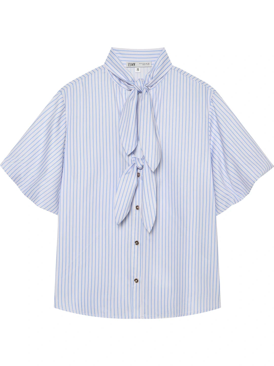 Women's summer striped short sleeve poplin blouse with stand collar and puff sleeves
