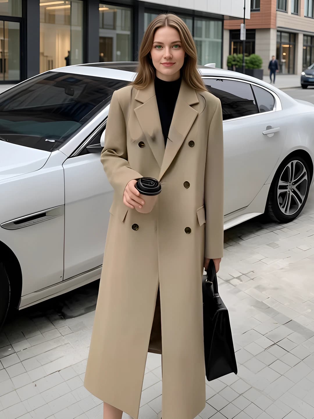 Women's Korean style spring-autumn trench coat, petite, mid-length, V-neck, long sleeve, solid colour, printed