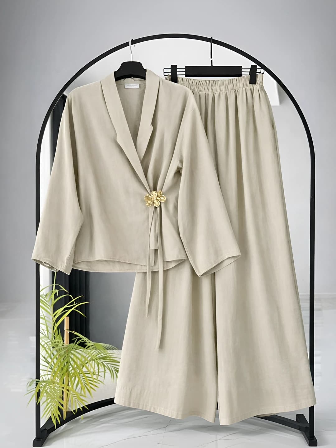 Women's 2026 spring-autumn casual set: long sleeve V-neck blouse + wide-leg trousers