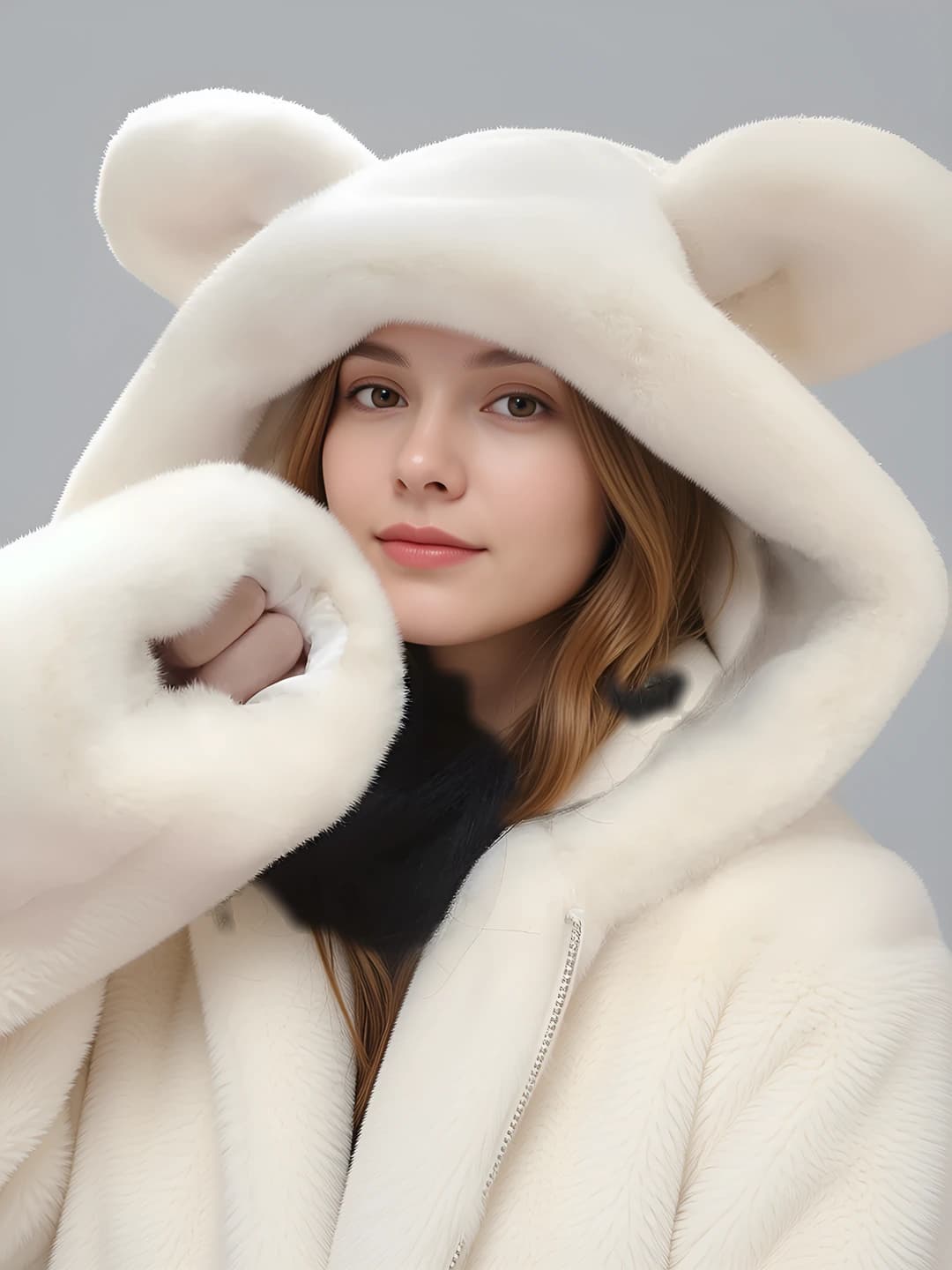 Women's 2026 autumn-winter loose fit mid-length thickened retro faux fur hooded coat with bear ears