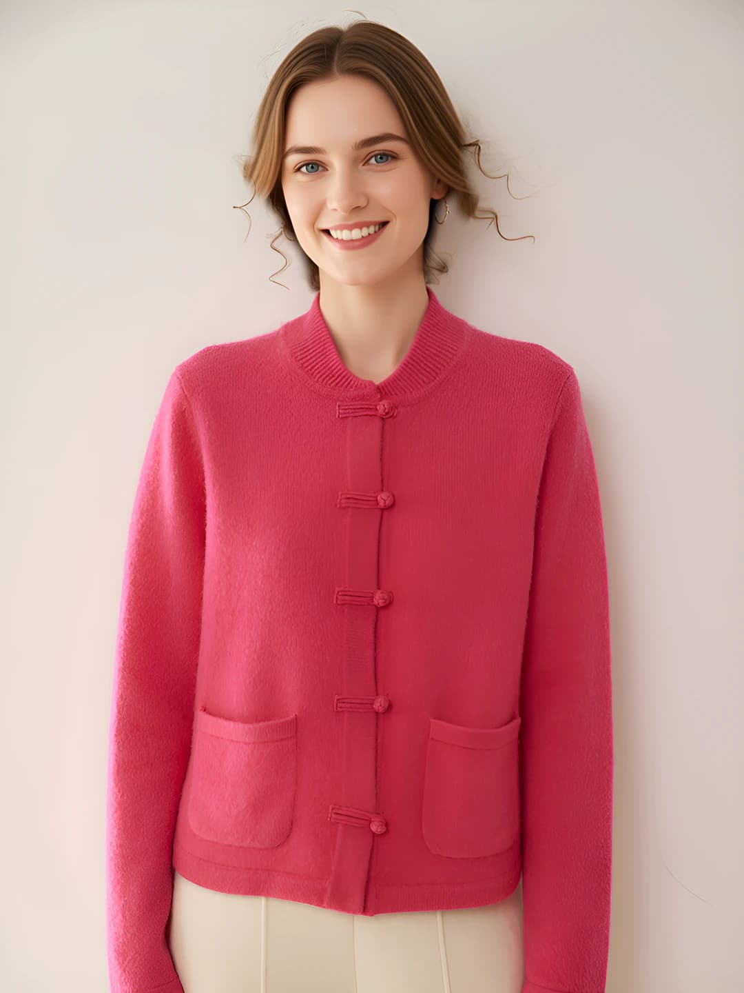 Women's cashmere knit cardigan, long sleeve, mock neck, solid colour, loose fit, warm