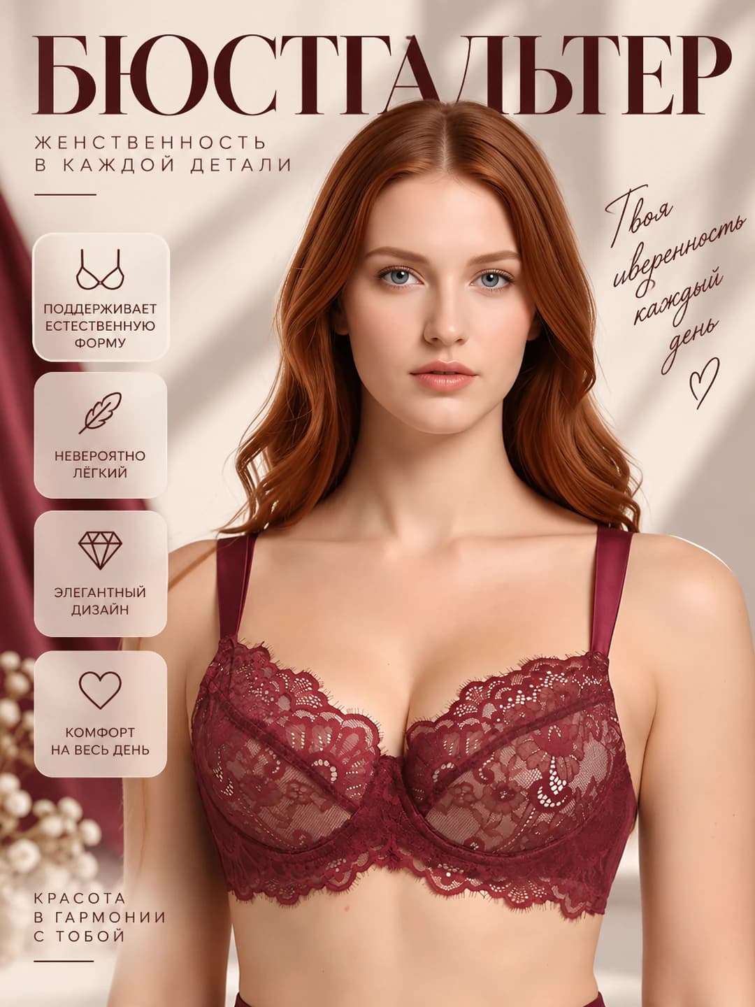 Women's lace underwire bra, thin cotton, soft wire, french style, minimizes large bust, plus size