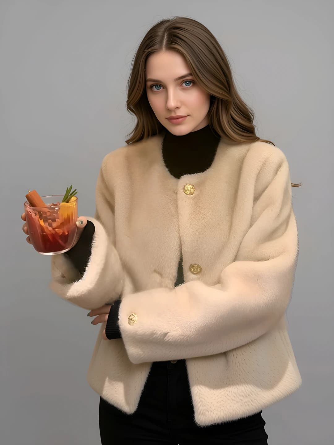 Женское зимнее короткое пальто с круглым вырезом и длинным рукавом из искусственного меха 2026
