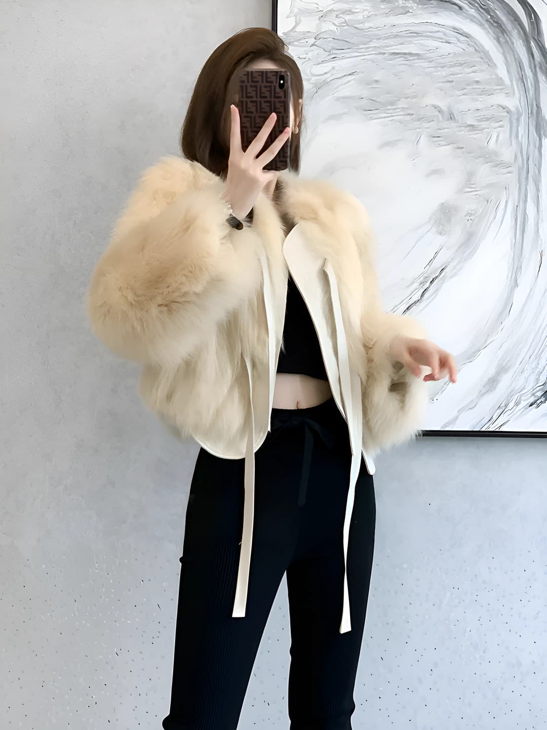 Women's autumn-winter Korean style faux fur outerwear, crew neck, long sleeve, cropped