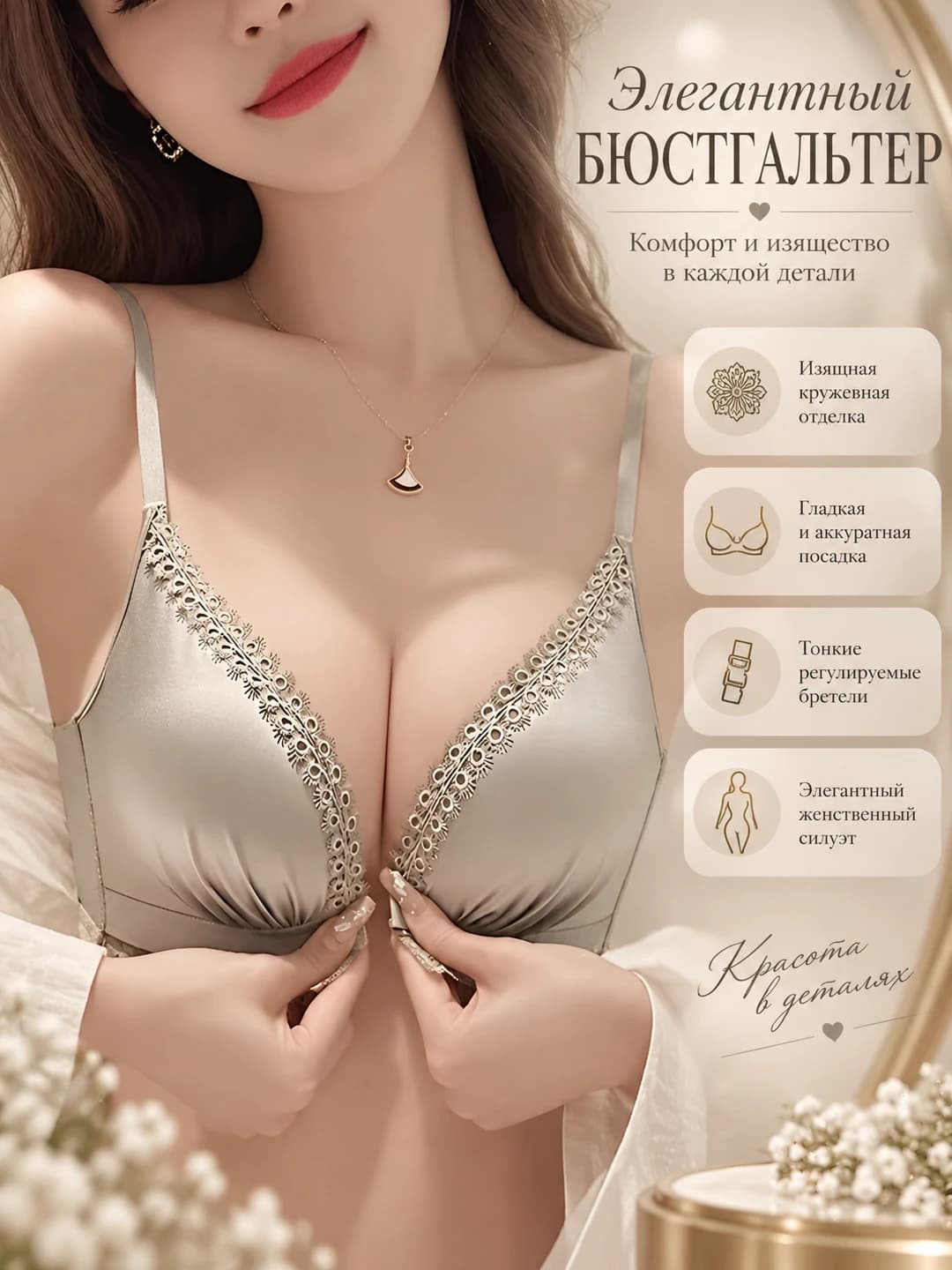 Women's bra: front closure, thickened, breathable, side breast gathering, wire-free, 3/4 cup, sexy style
