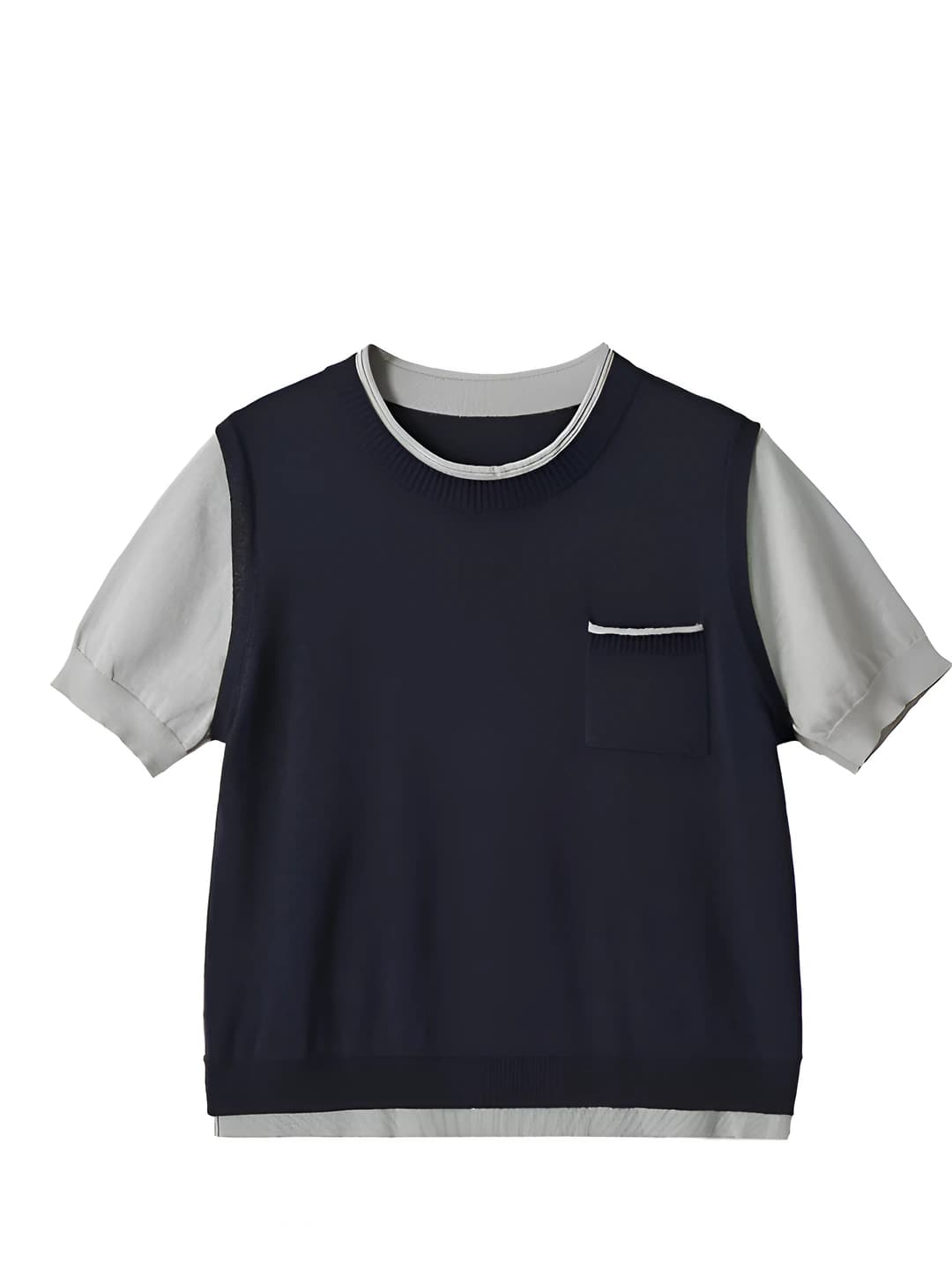 Women's spliced knitted top with crew neck, short sleeve and loose fit