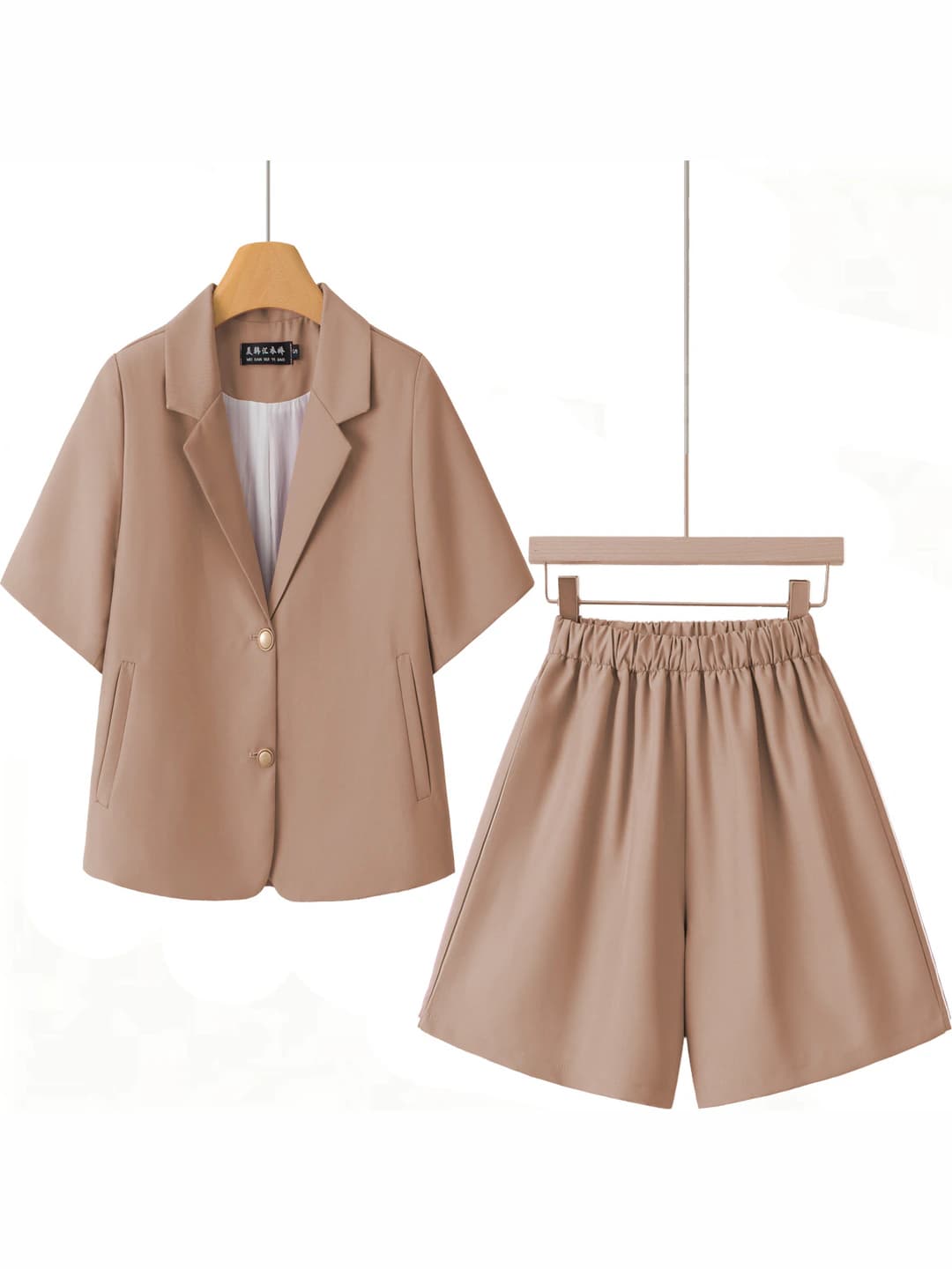 Women's blazer and short shorts suit set, Korean style, solid colour, short sleeve