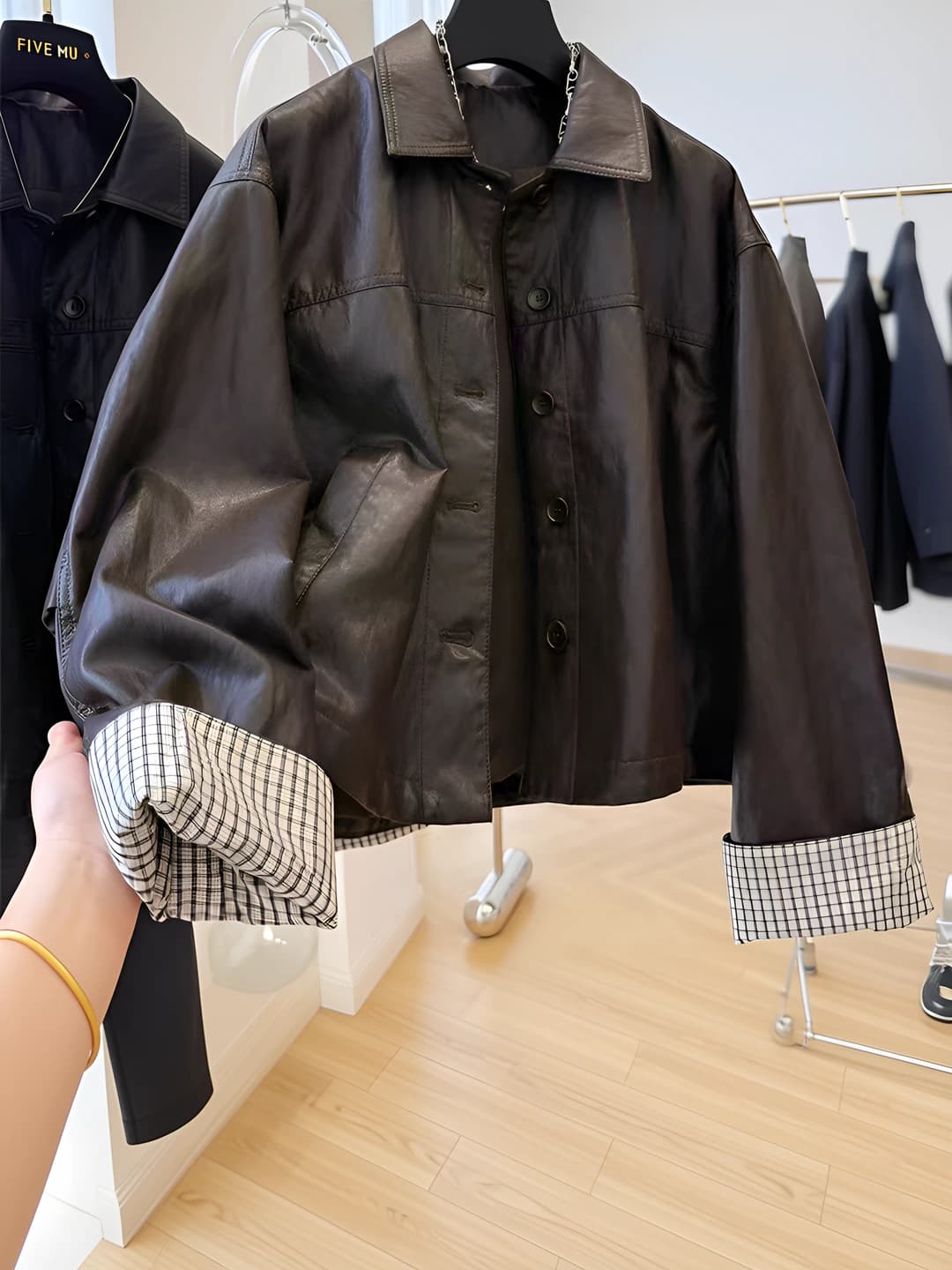 Women's 2026 spring-autumn pu jacket, lapel collar, loose fit, long sleeve, cropped