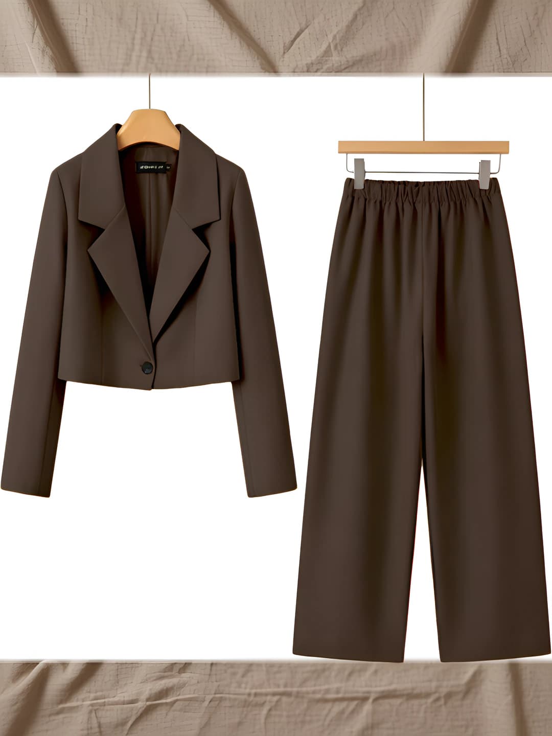Women's blazer and trousers suit set for autumn 2026, coffee color, for petite, long sleeve, solid colour, all-season