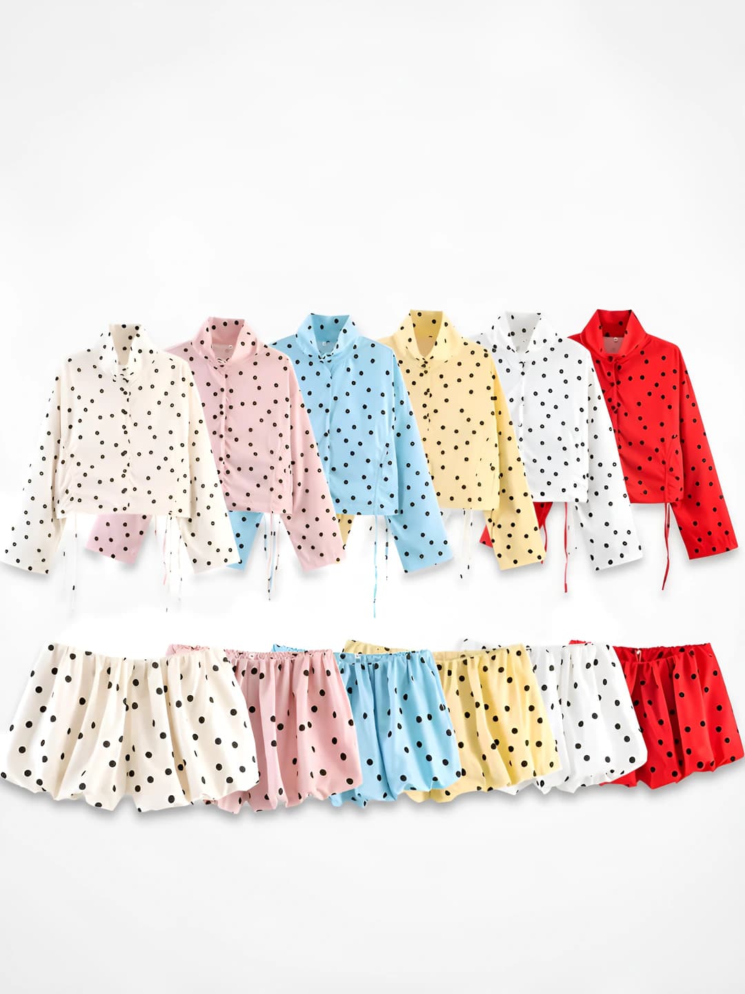 Ayollar uchun polka-dot ikki qismli kundalik to'plam (uzun yengli kurtka + tizzagacha shorti)