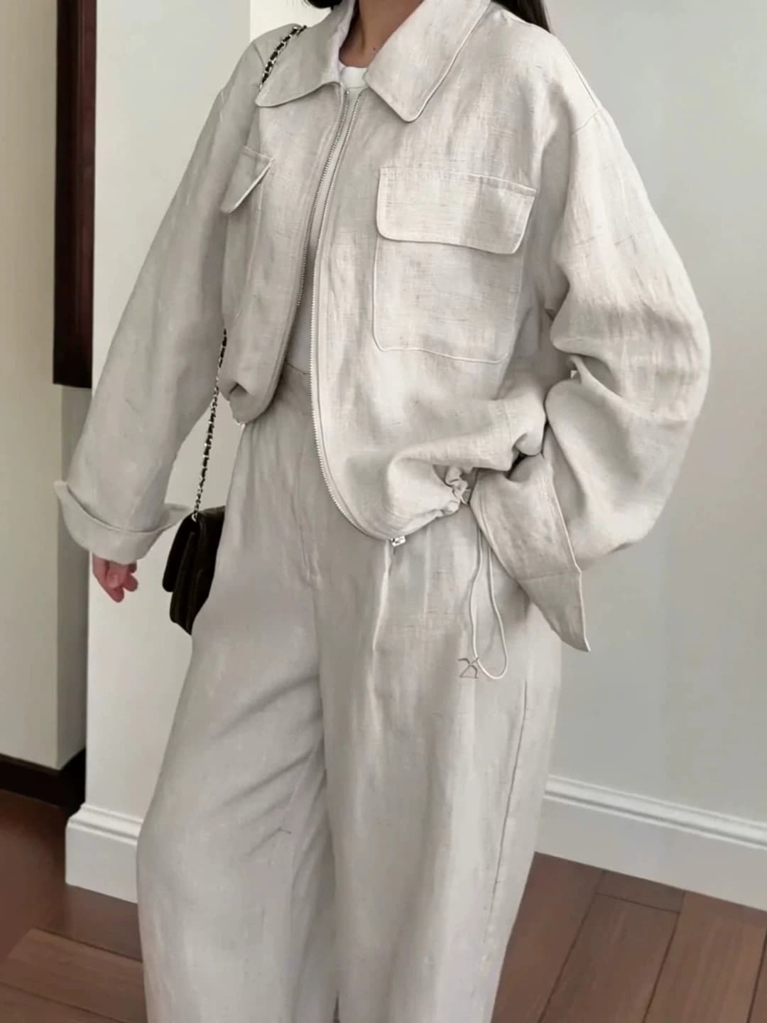 Women's 2026 spring-autumn casual clothing set: long sleeve lapel collar zip blouse and high waist wide-leg trousers