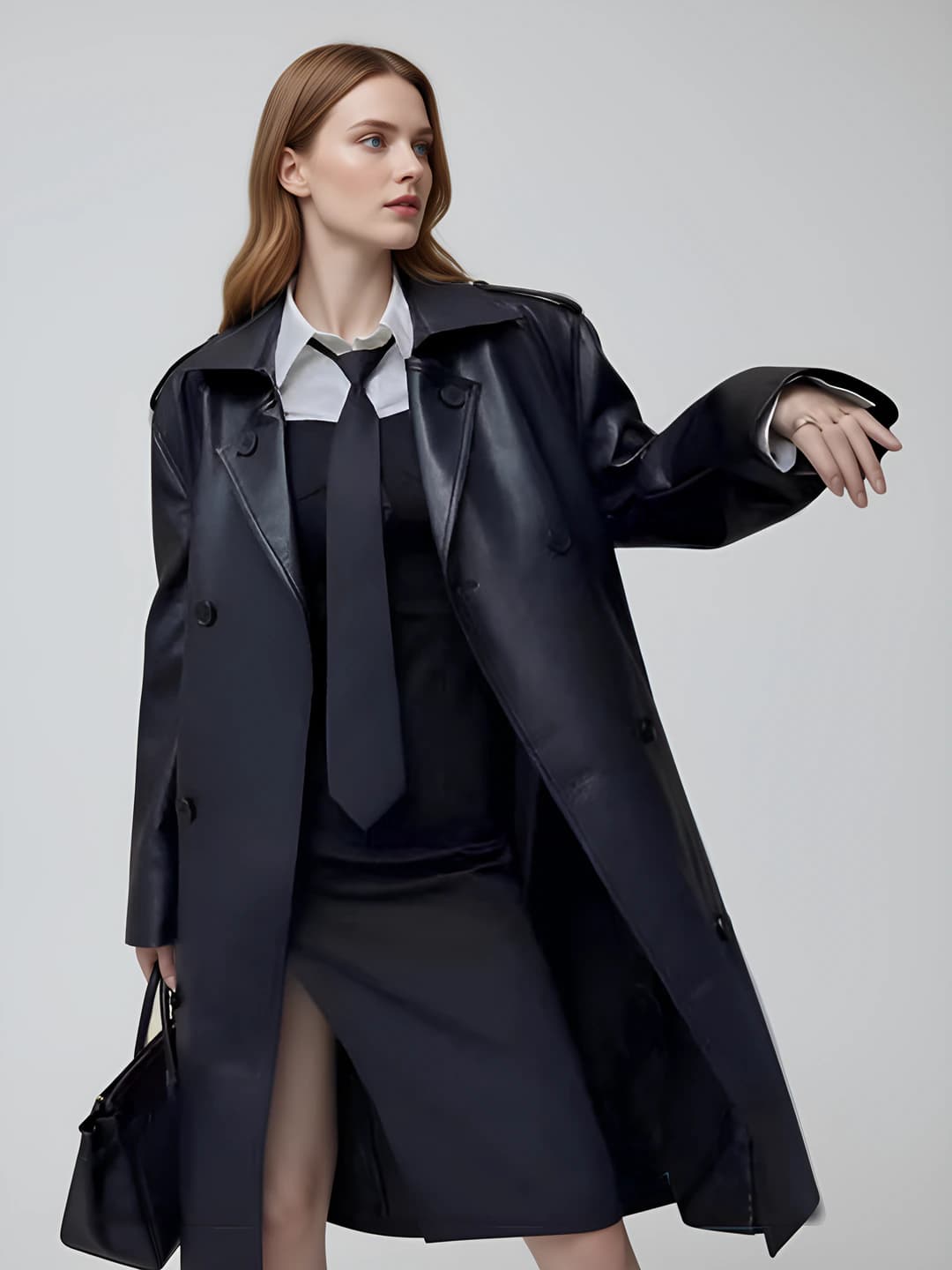 Women's mid-length PU trench coat, slim fit, long sleeve, blazer collar, spring-autumn 2026