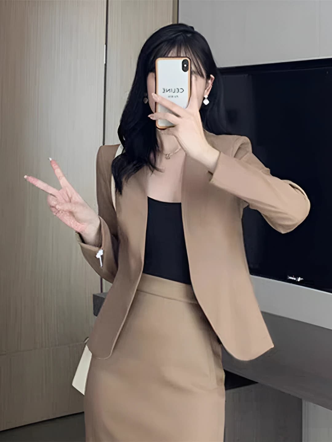 Women's plus size spring-autumn Korean style casual blazer and long skirt set