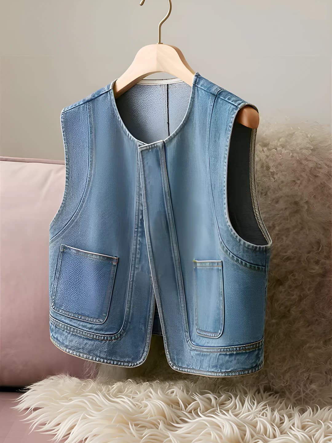 Ayollar uchun koreys uslubidagi bo'sh (oversize) kalta jilet, yengsiz, jun to'ldirgichli, polyester mato