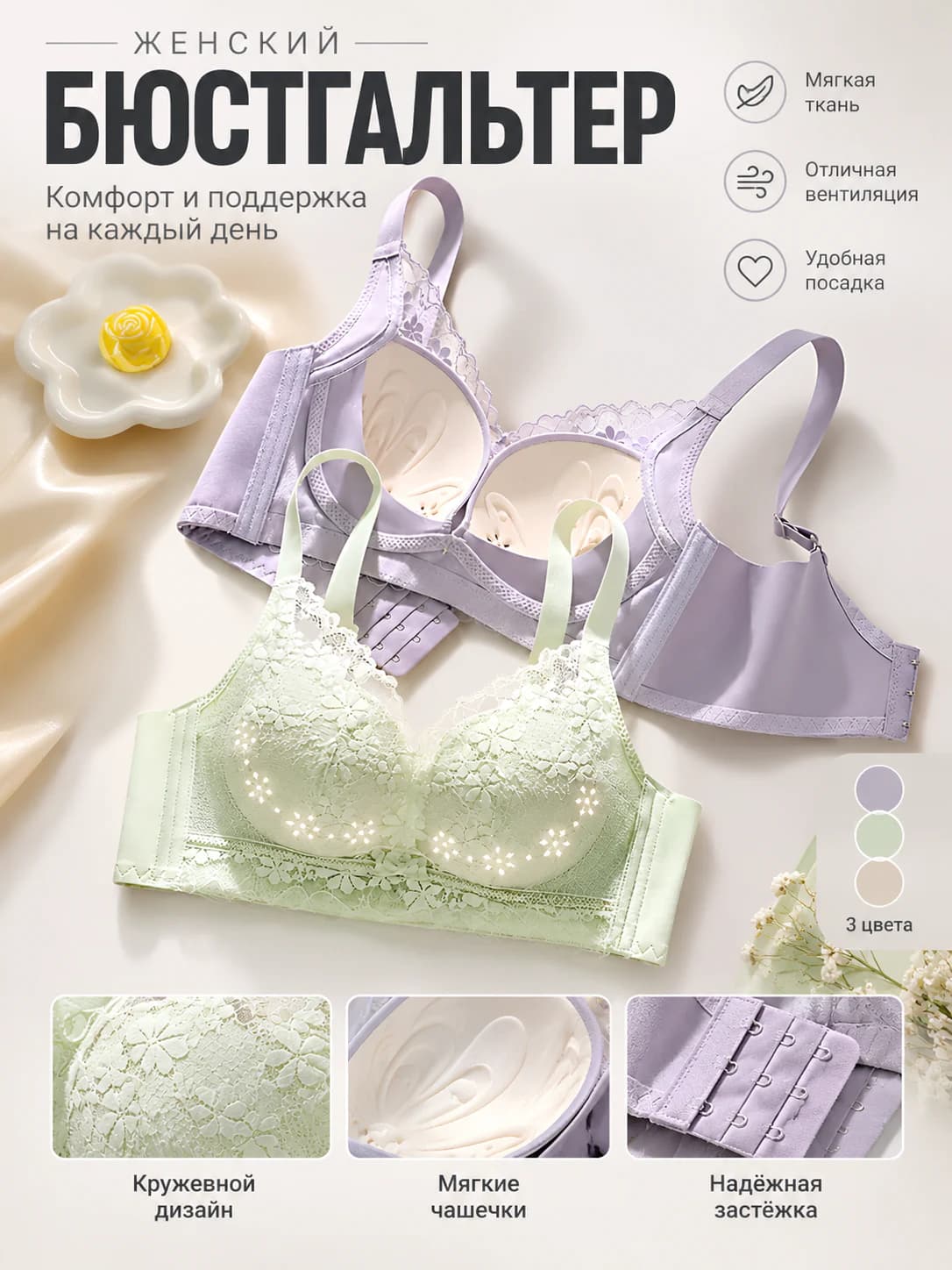 Women's lace wireless bra, 3/4 cup, thin, all-season, breast gathering and lifting, side control, side breast gathering, breathable