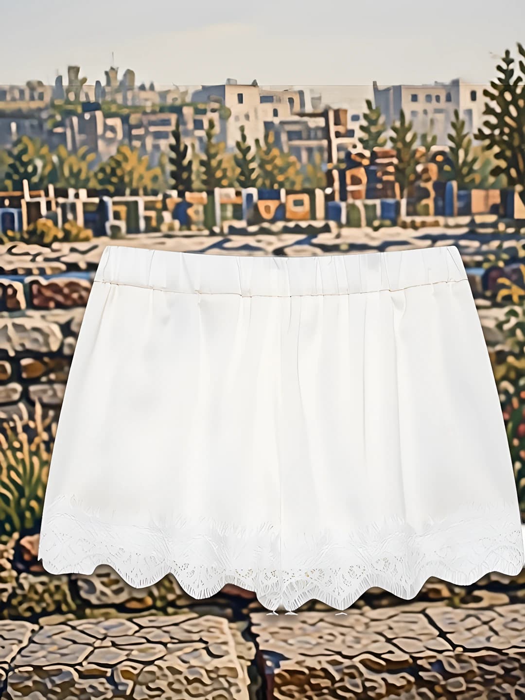 Ayollar uchun dantelli shorti, bo'sh (oversize) model, poliester, kalta shorti, tabiiy bel, o'rta qalinlik, 3D naqsh, ko'cha uslubida