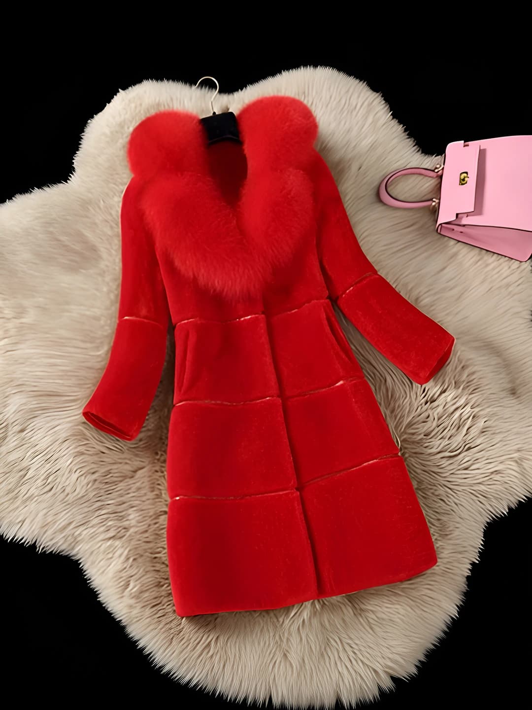 Women's mid-length artificial fur coat, V-neck, long sleeve, plus size, 2026