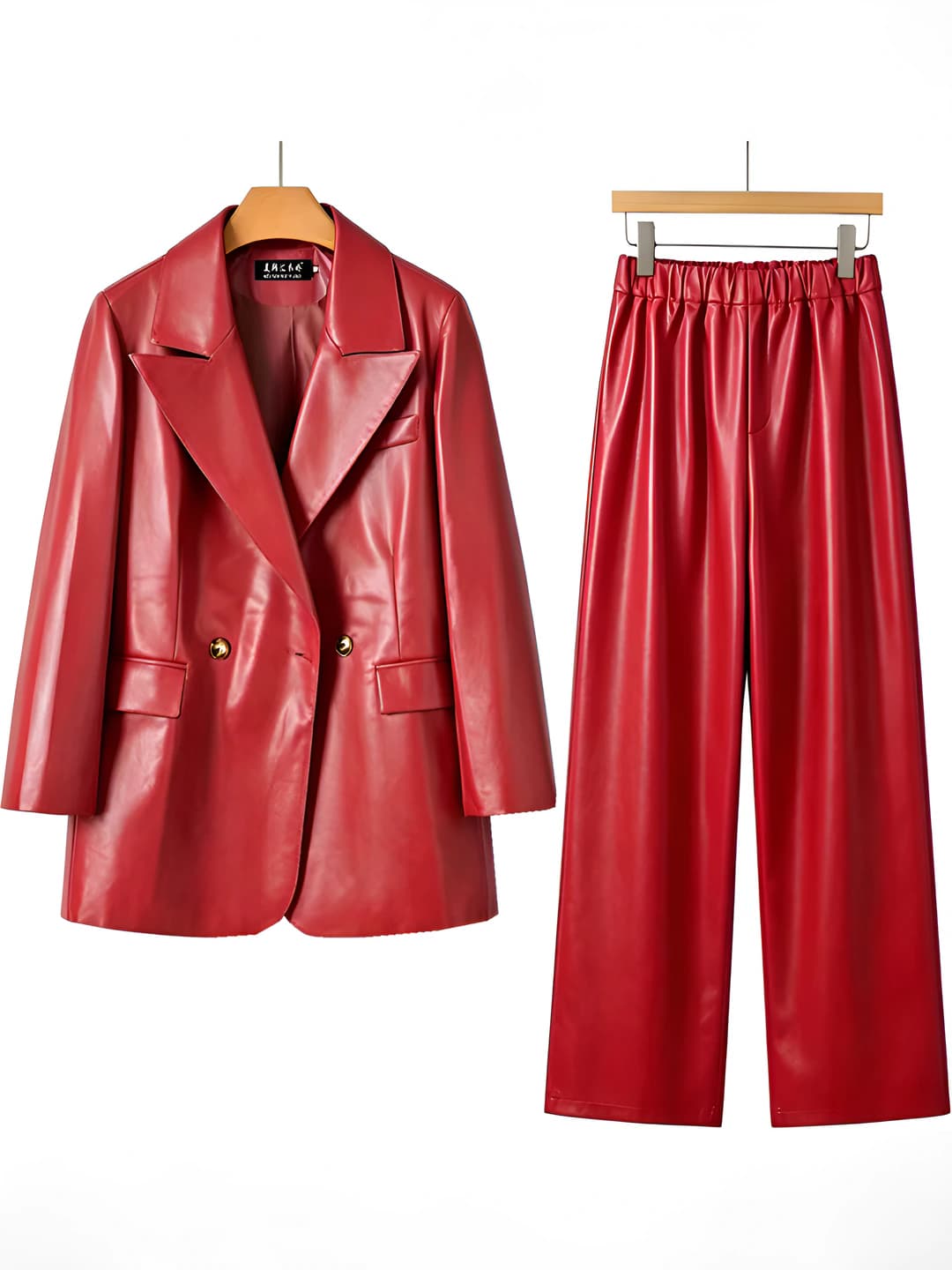 Women's 2026 red PU leather blazer and trousers set, Korean style, retro, loose fit, long sleeve, all-season