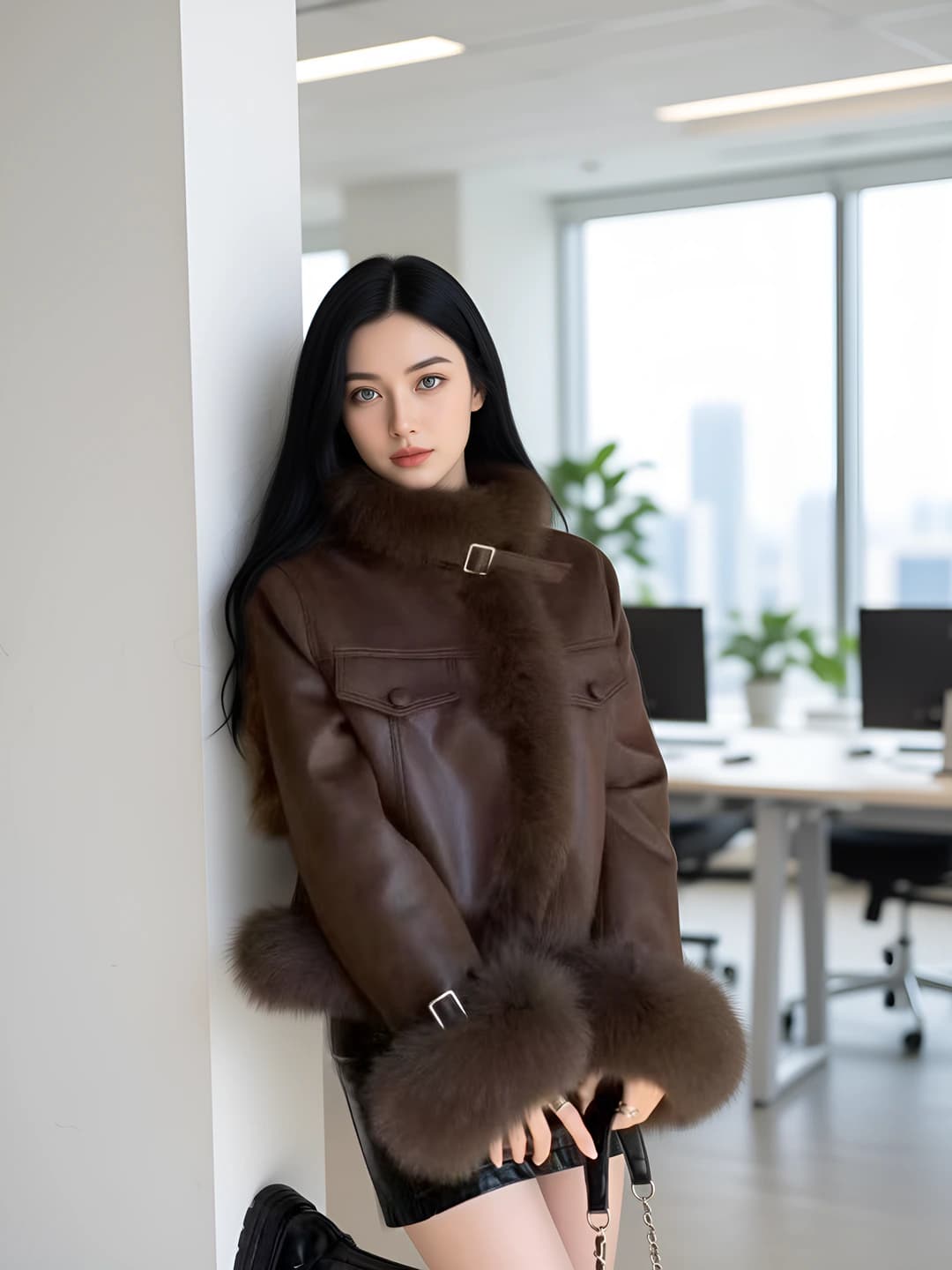 Women's retro faux fur shearling coat for autumn-winter 2026, cropped, stand collar, long sleeve, synthetic fabric