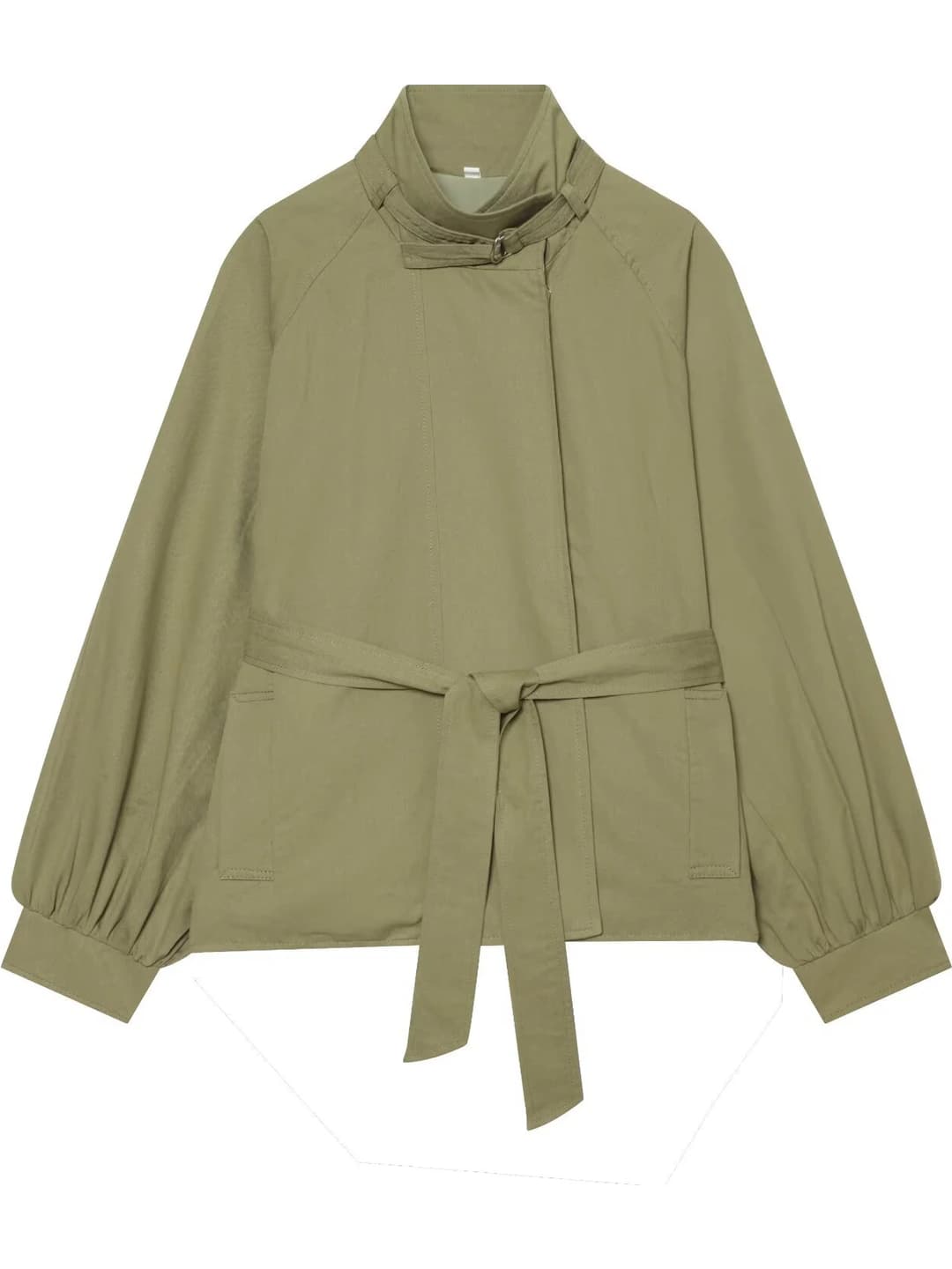 Women's autumn-winter casual jacket with stand collar, belt, loose fit, long sleeve, solid colour, polyester