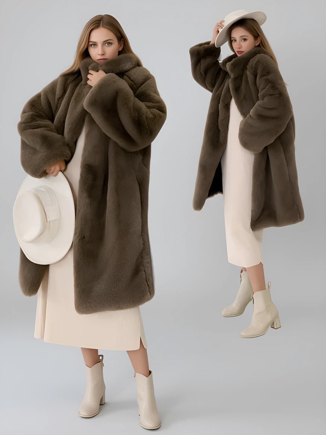Women's mid-length faux fur coat with stand collar and long sleeves, padded, autumn-winter 2026