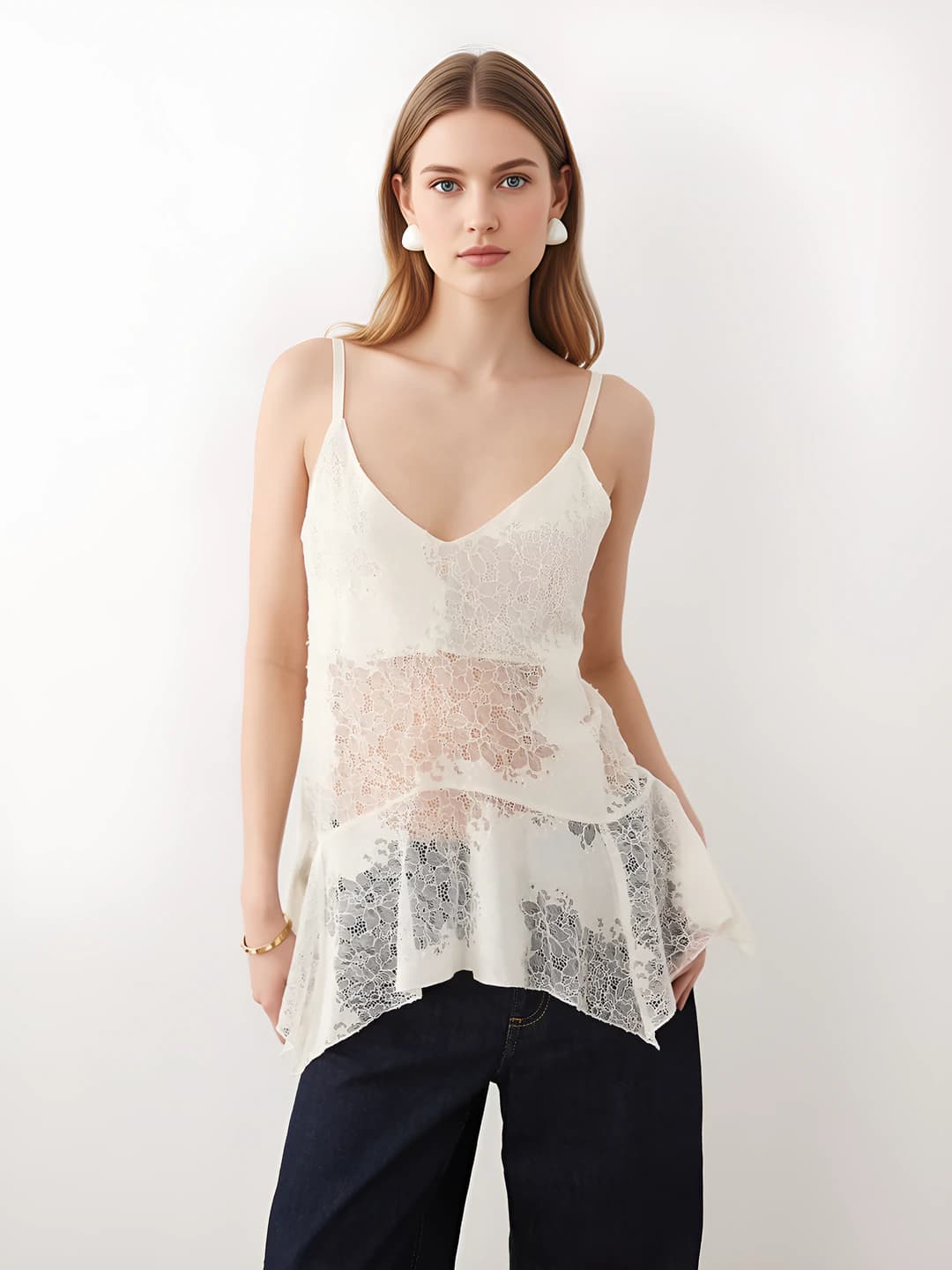 Women's lace strap top, embroidered, V-neck, sleeveless, straight cut, color-blocked