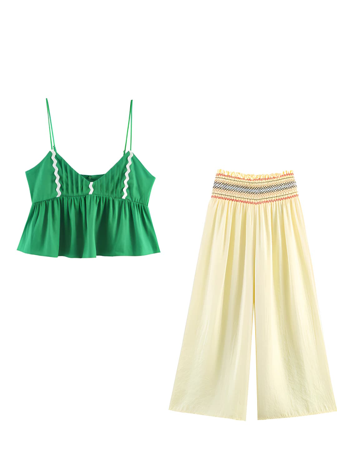 Women's casual two-piece set: cropped sleeveless tank top and long trousers, solid colour, all-season