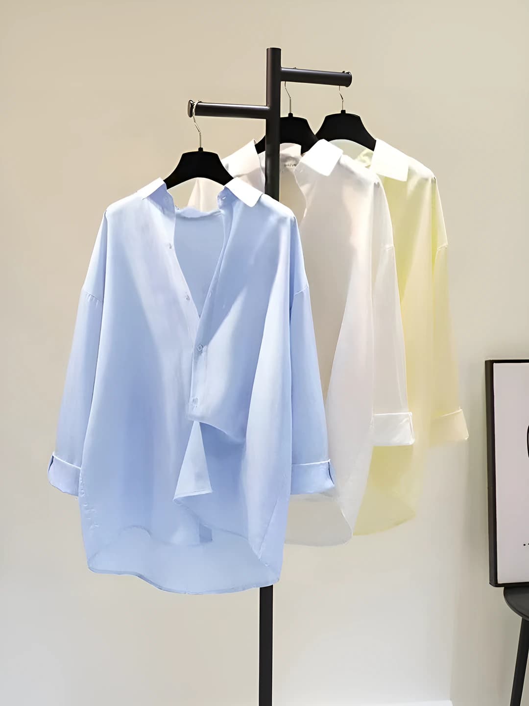 Women's Korean style shirt, summer, long sleeve, loose fit, POLO collar, solid colour, slimming