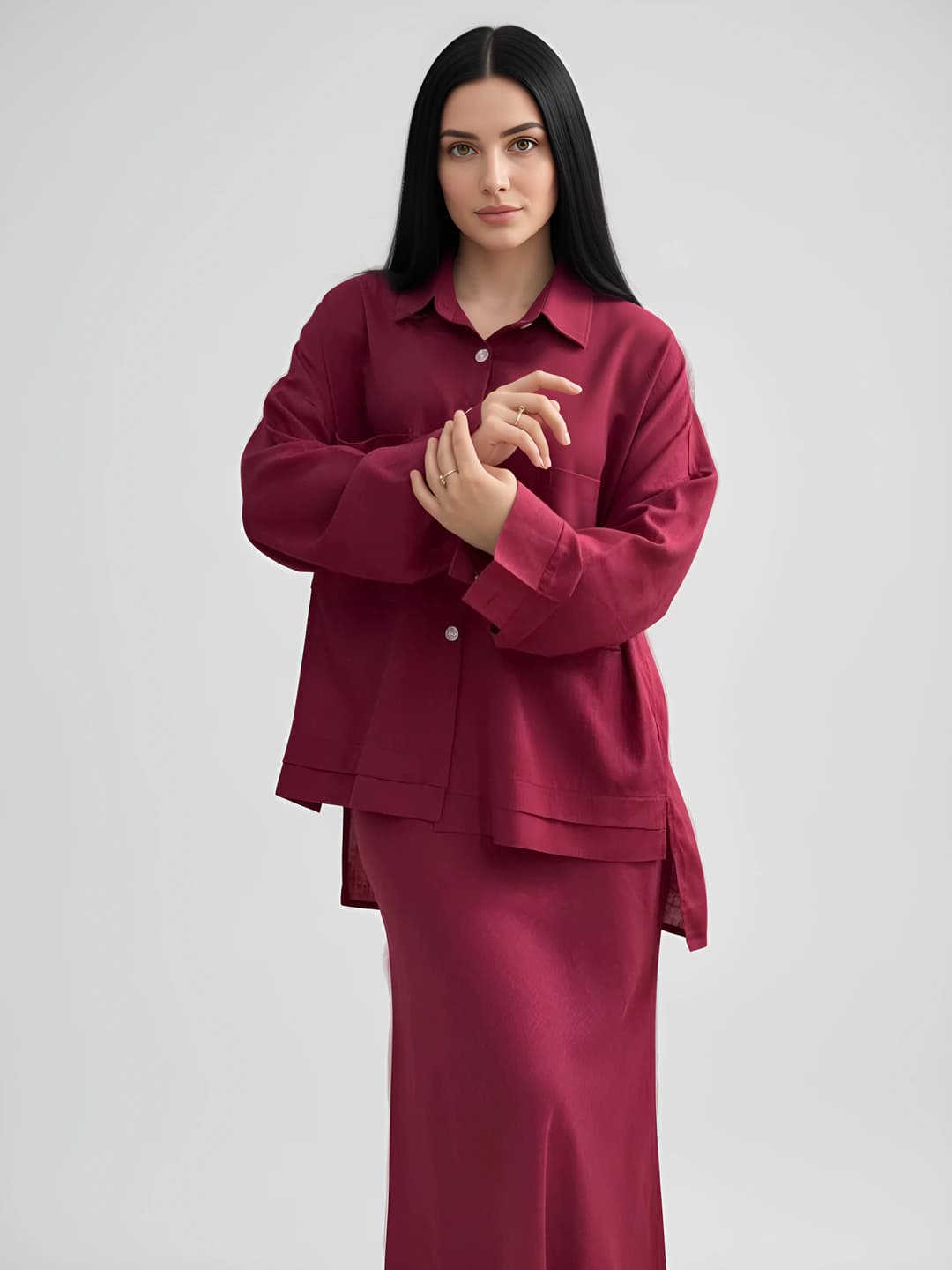Women's summer blouse and long skirt set, solid colour, long sleeve, 95% linen, casual style