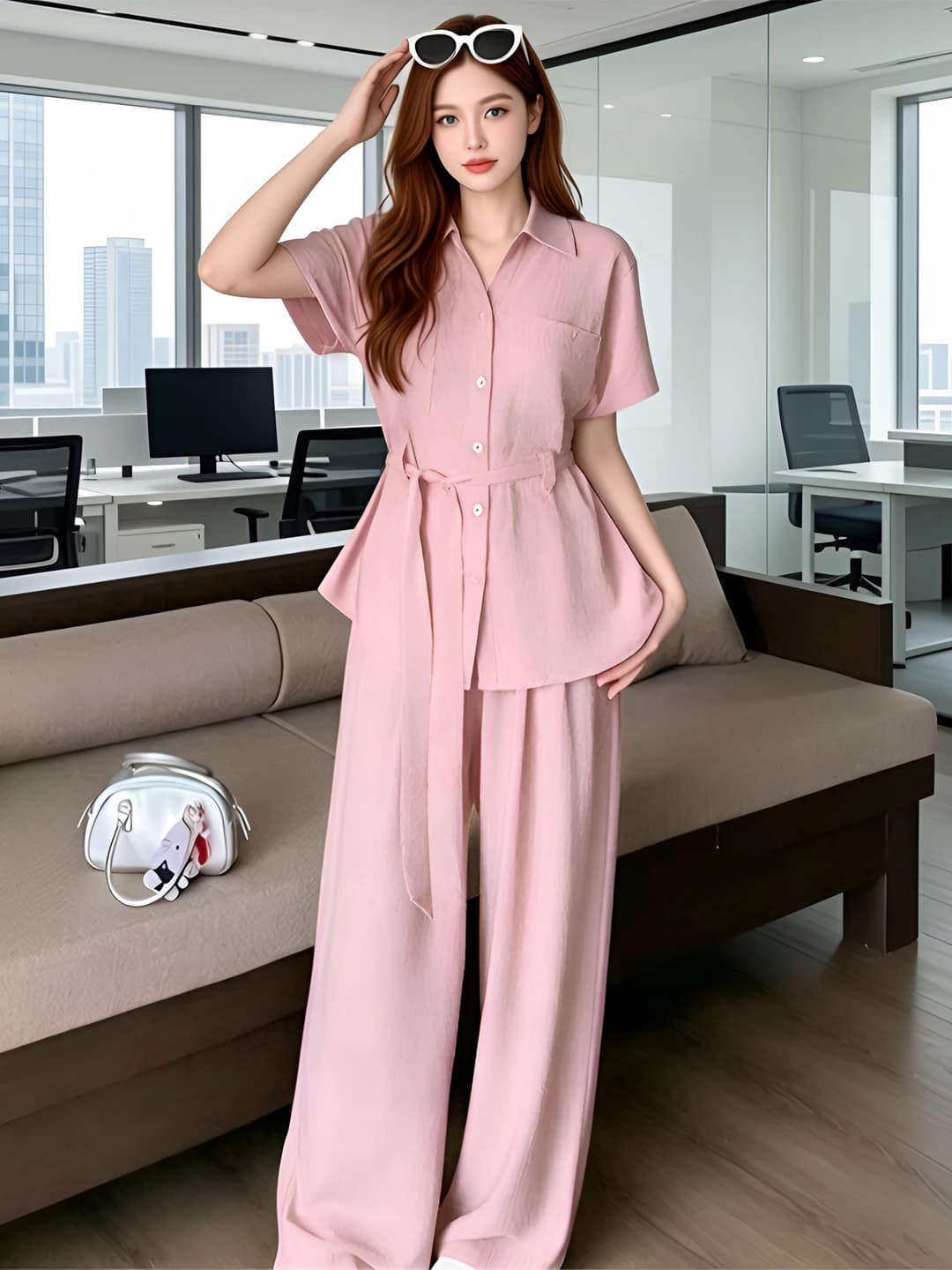 Women's 2026 summer pink French style vest and wide-leg trousers set