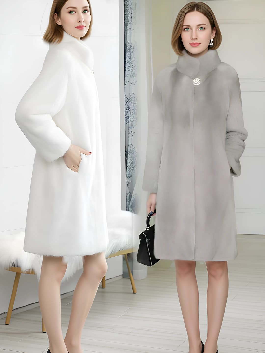 Women's winter slimming thickened mid-length fur coat with stand collar