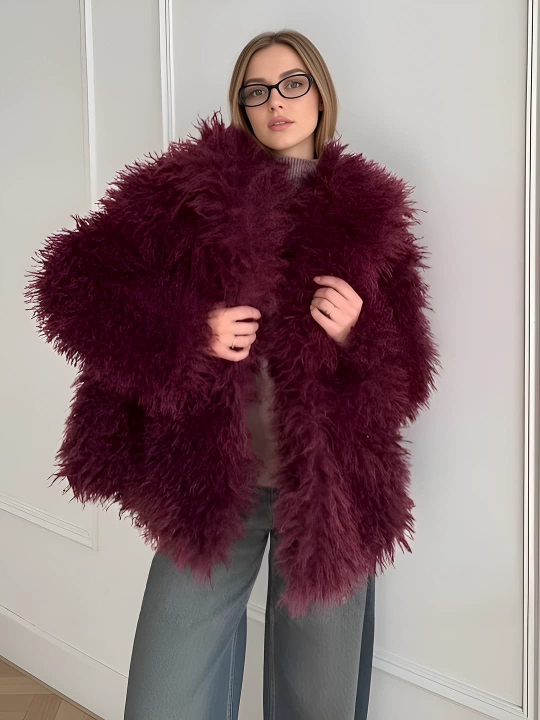 Women's mid-length faux fur coat, long sleeve, lapel collar, cropped, sweet style, fluffy
