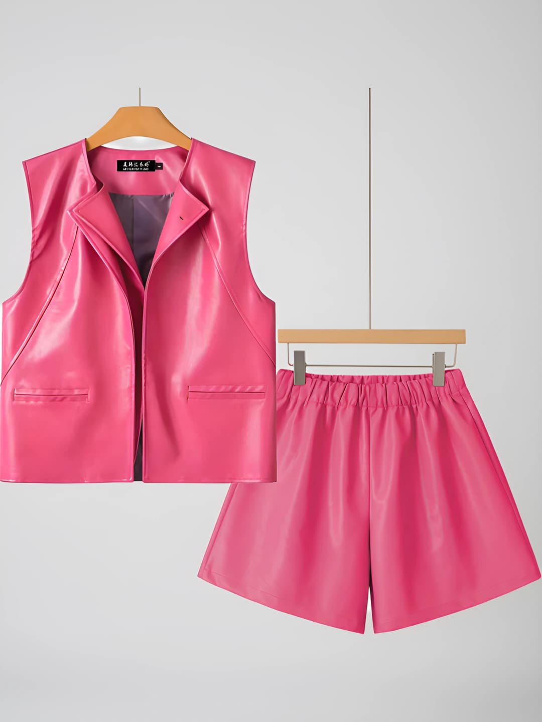 Women's sleeveless PU vest and knee-length shorts set, crew neck, solid colour, OL style, all-season