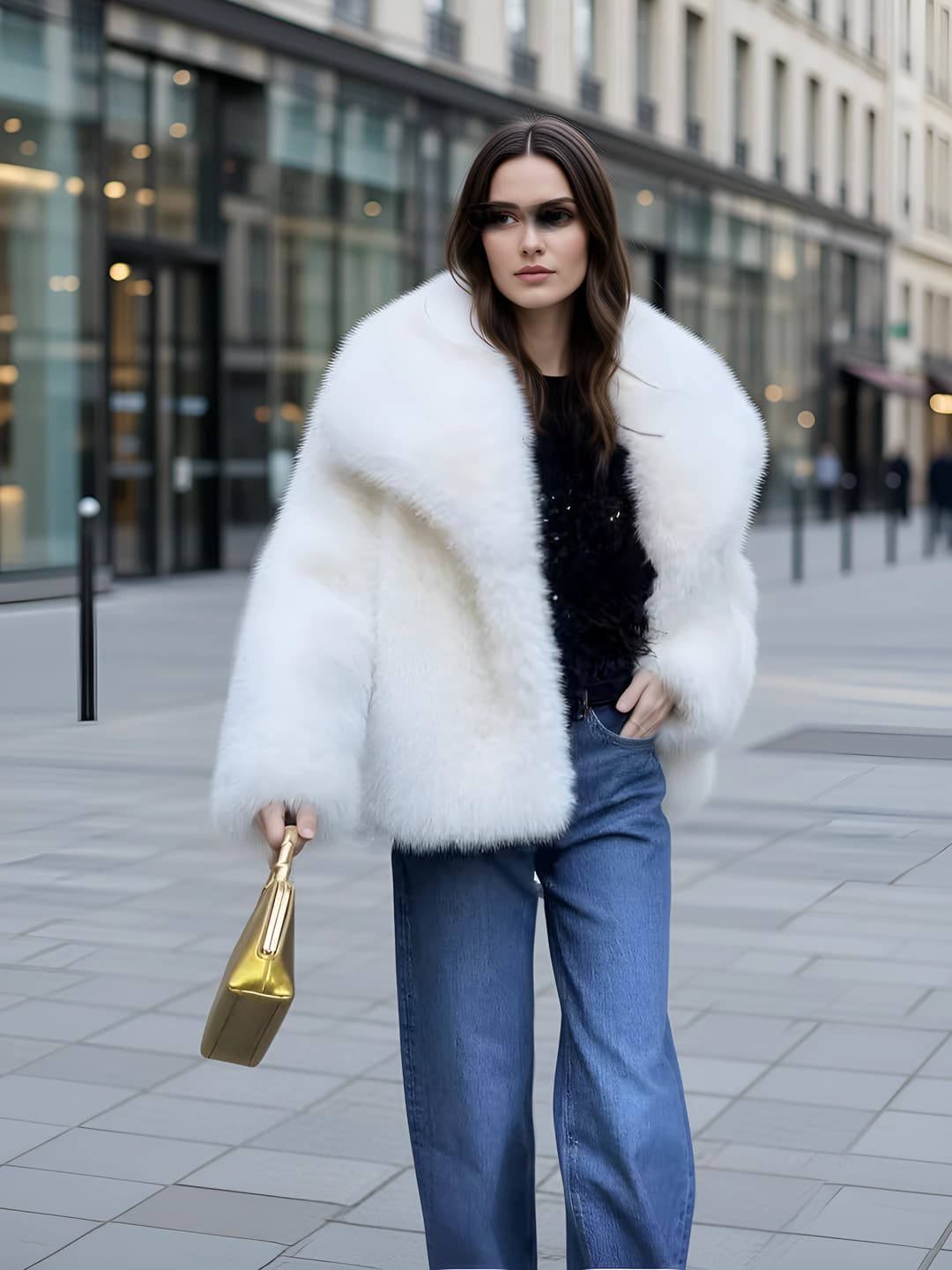 Women's warm coat with lapel collar and long sleeve made of faux fur