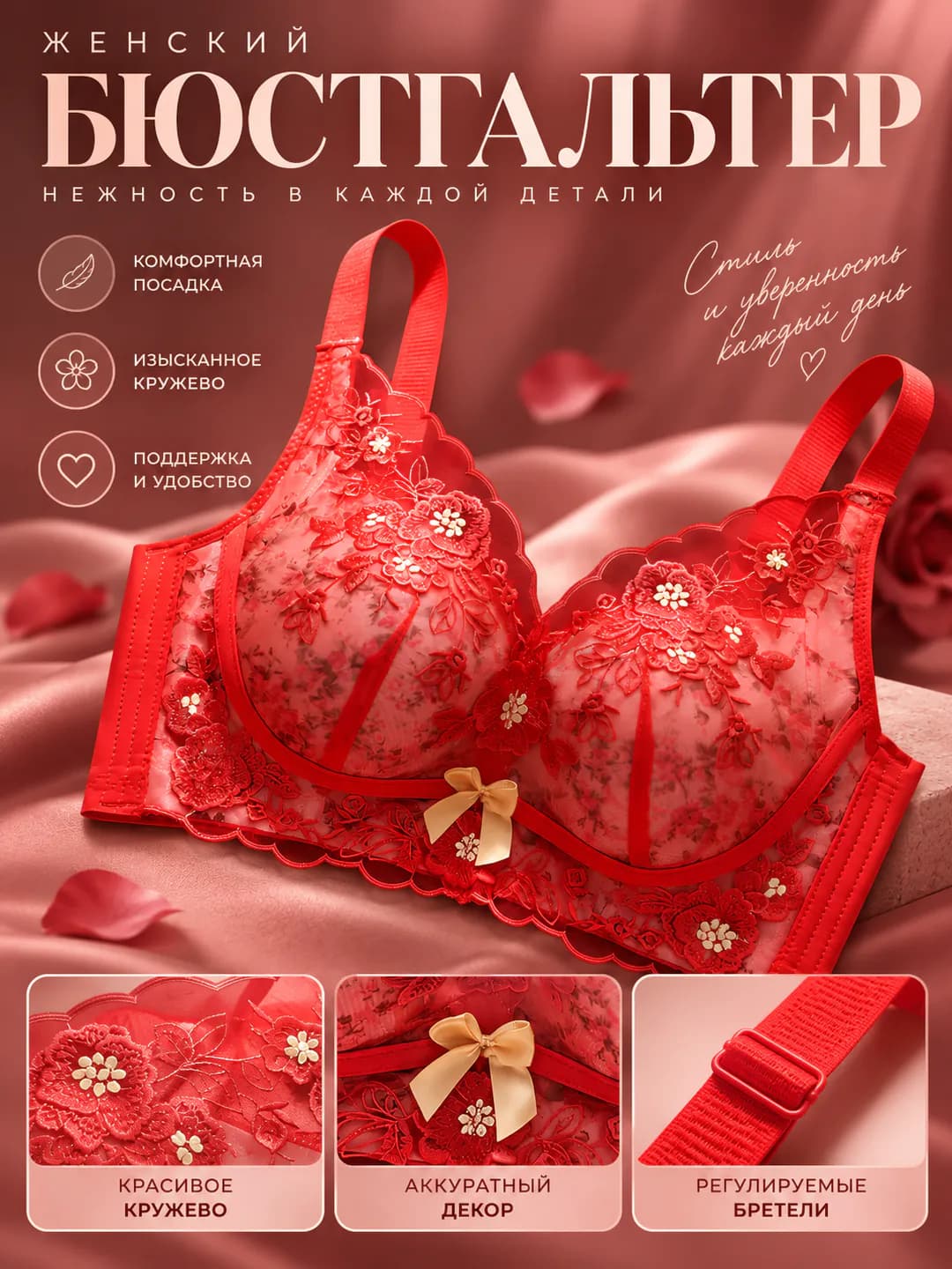 Women's lace bra set: wire-free, 3/4 cup, lift, side control and side breast gathering