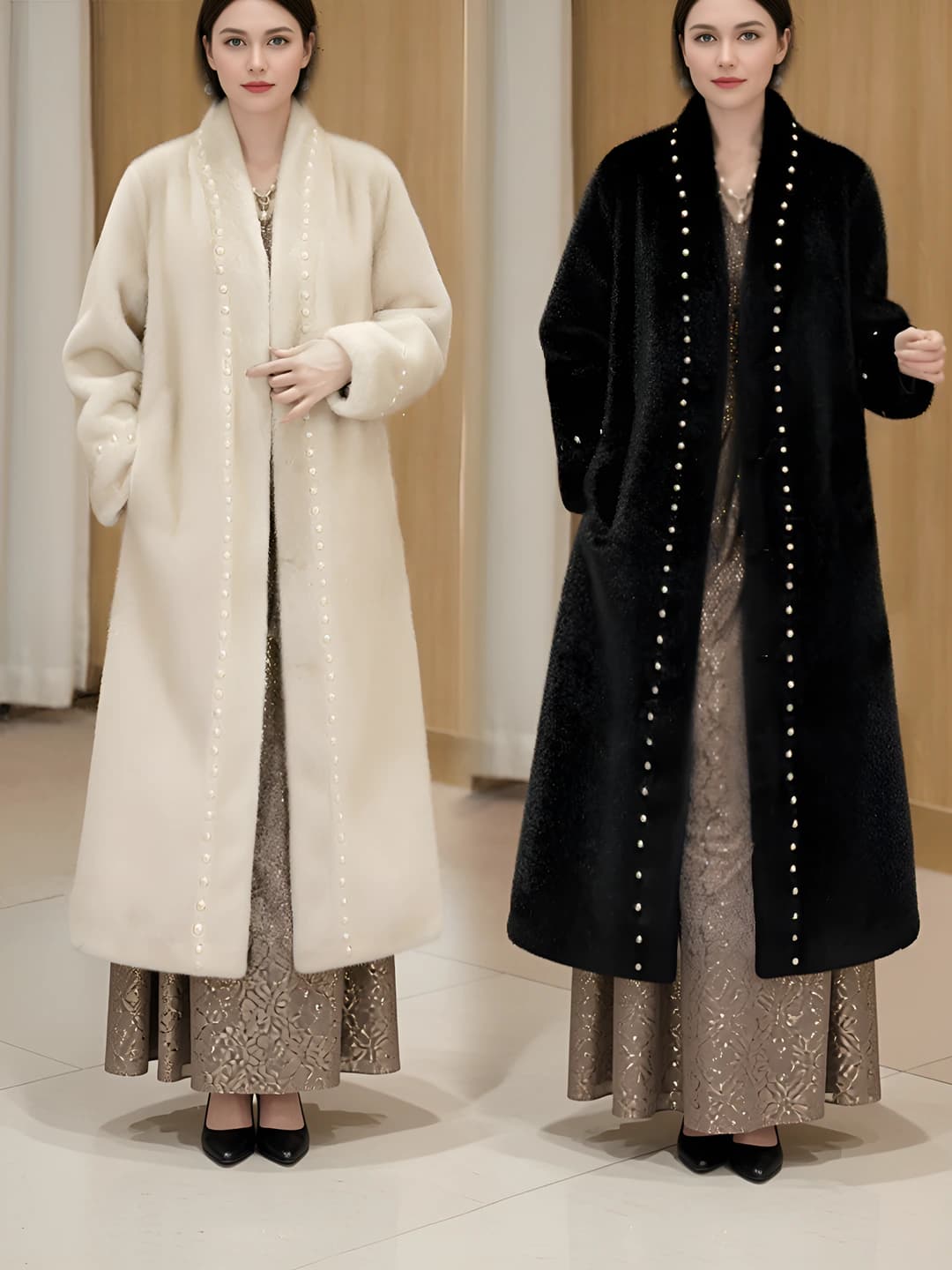 Women's winter long coat, thickened, loose fit, warm, long sleeve, V-neck, faux fur fabric