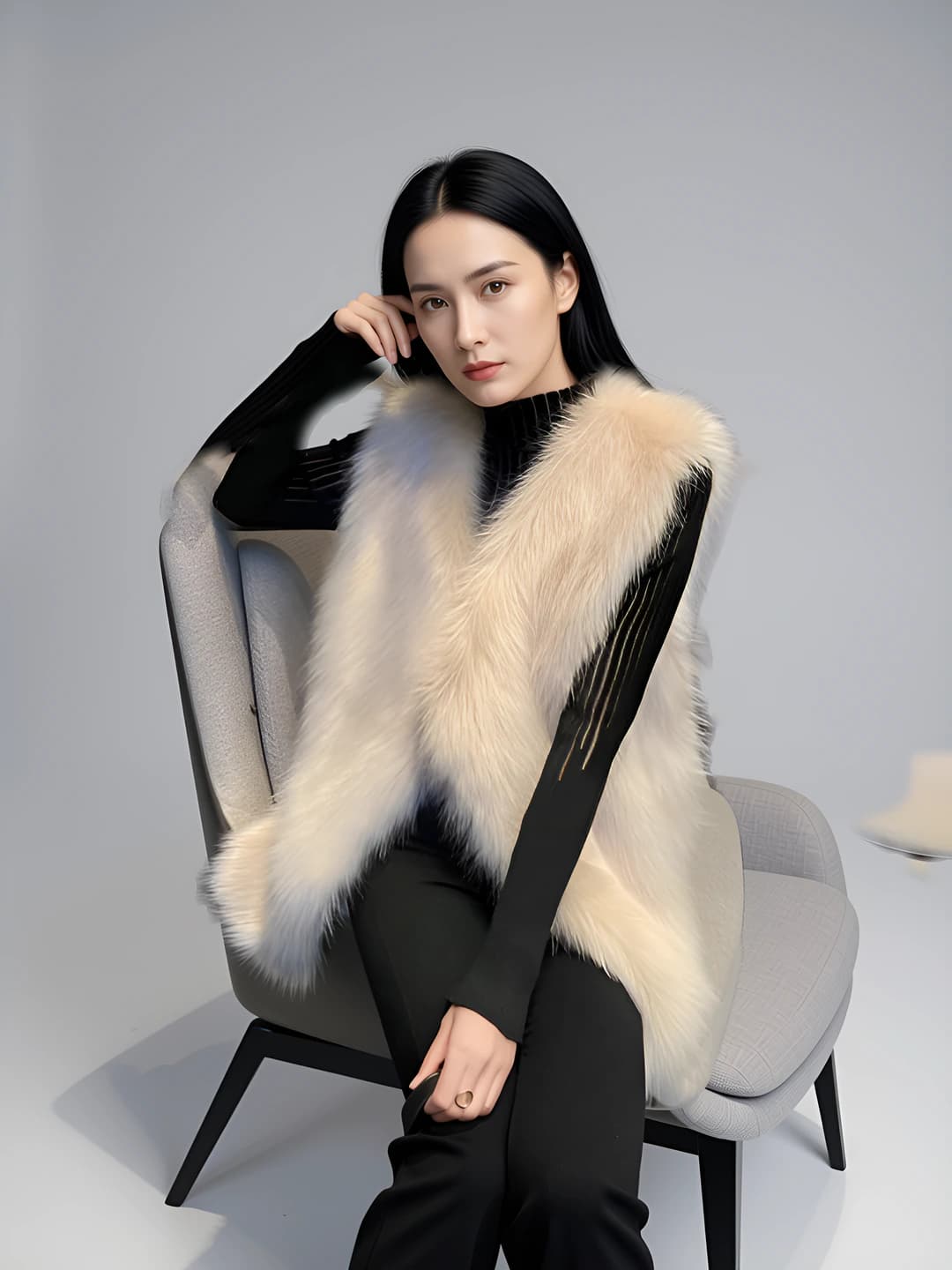 Women's autumn-winter mid-length slim fit V-neck faux fur vest in Korean retro style