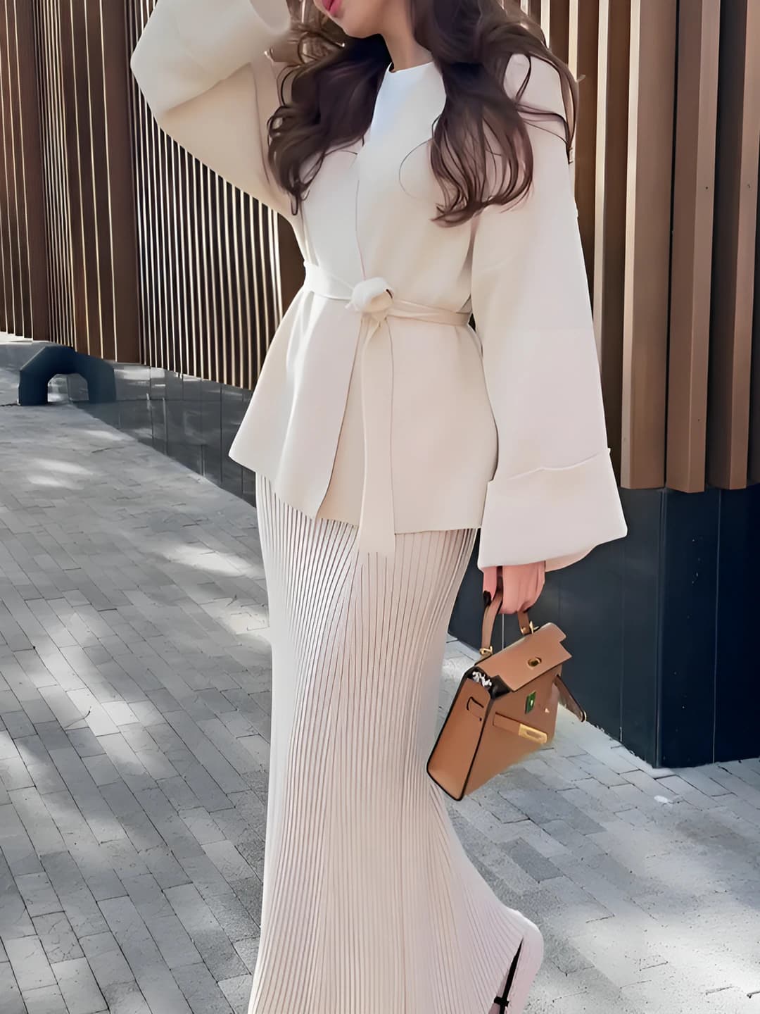 Women's 2026 autumn set with V-neck, long sleeves and high-waist long skirt