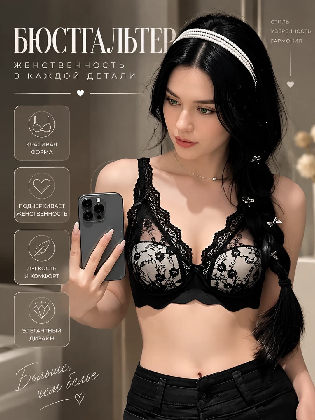 Women's lace bra, seamless, breathable, push-up, side smoothing, deep V-neck, wire-free