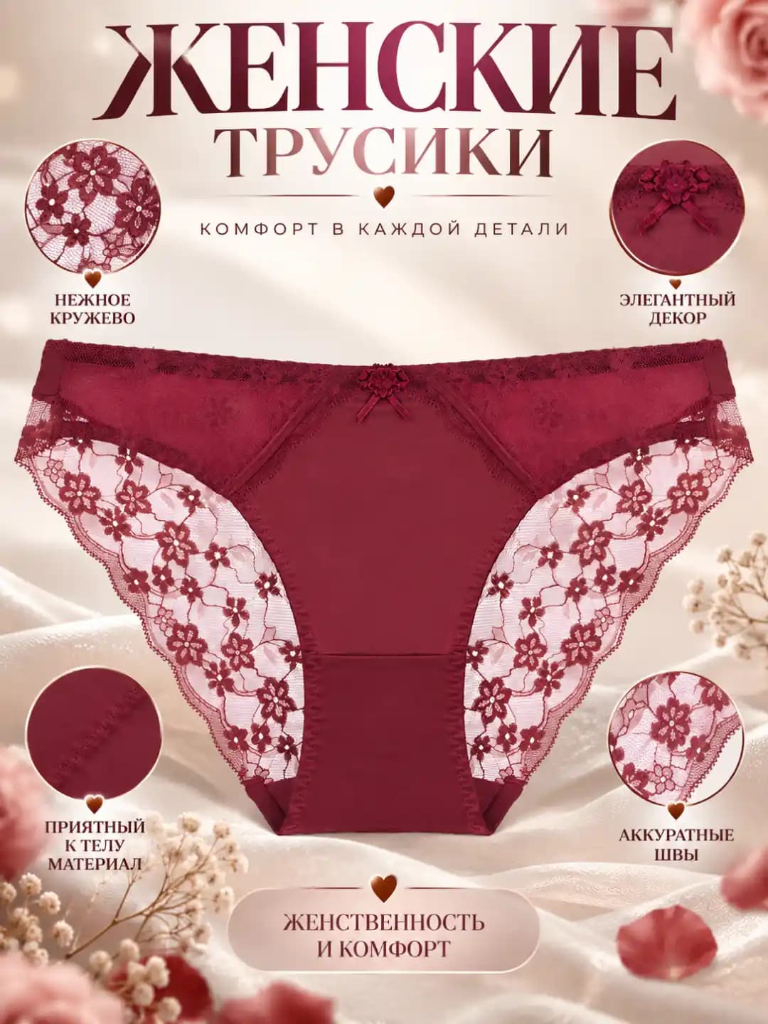 Женские кружевные трусы, низкая талия, ультратонкие, с эффектом push-up, цветочный узор, большой размер, красный цвет