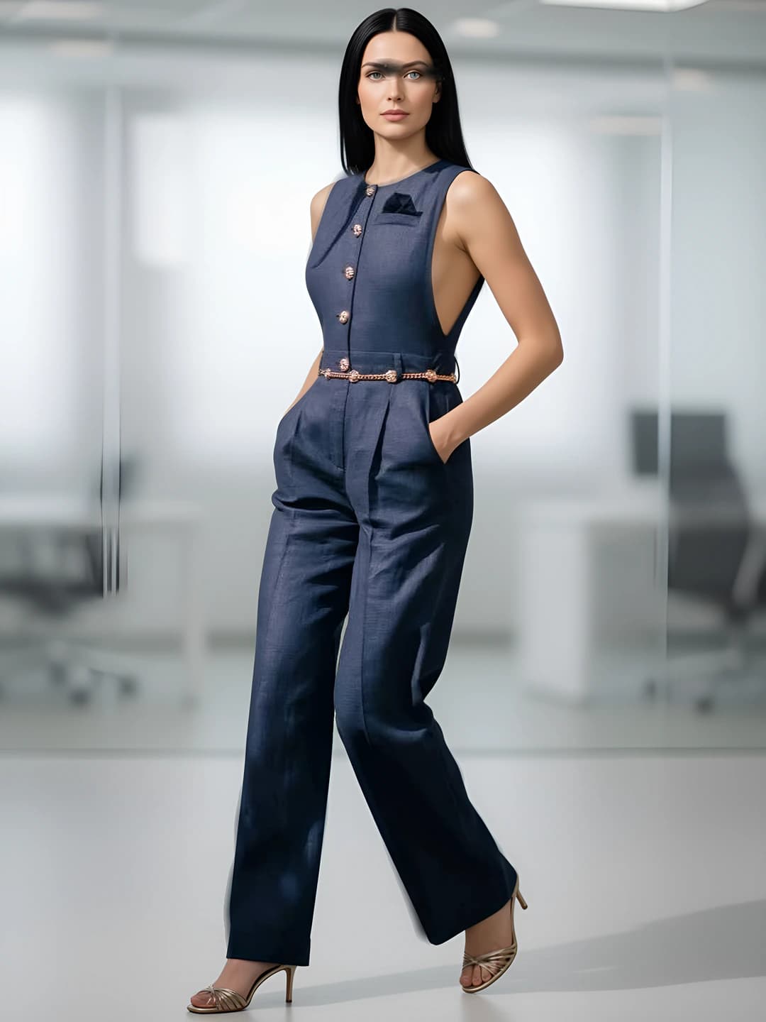 Women's casual two-piece set: sleeveless vest and wide-leg trousers, crew neck, solid colour, spring-autumn