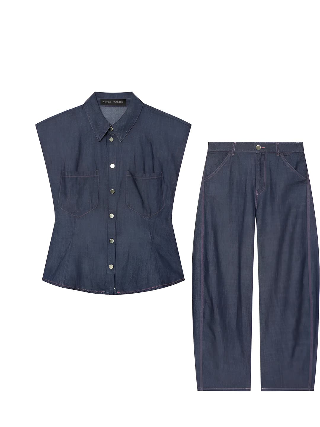 Women's denim blouse and trousers set, sleeveless, 3D pattern, all-season
